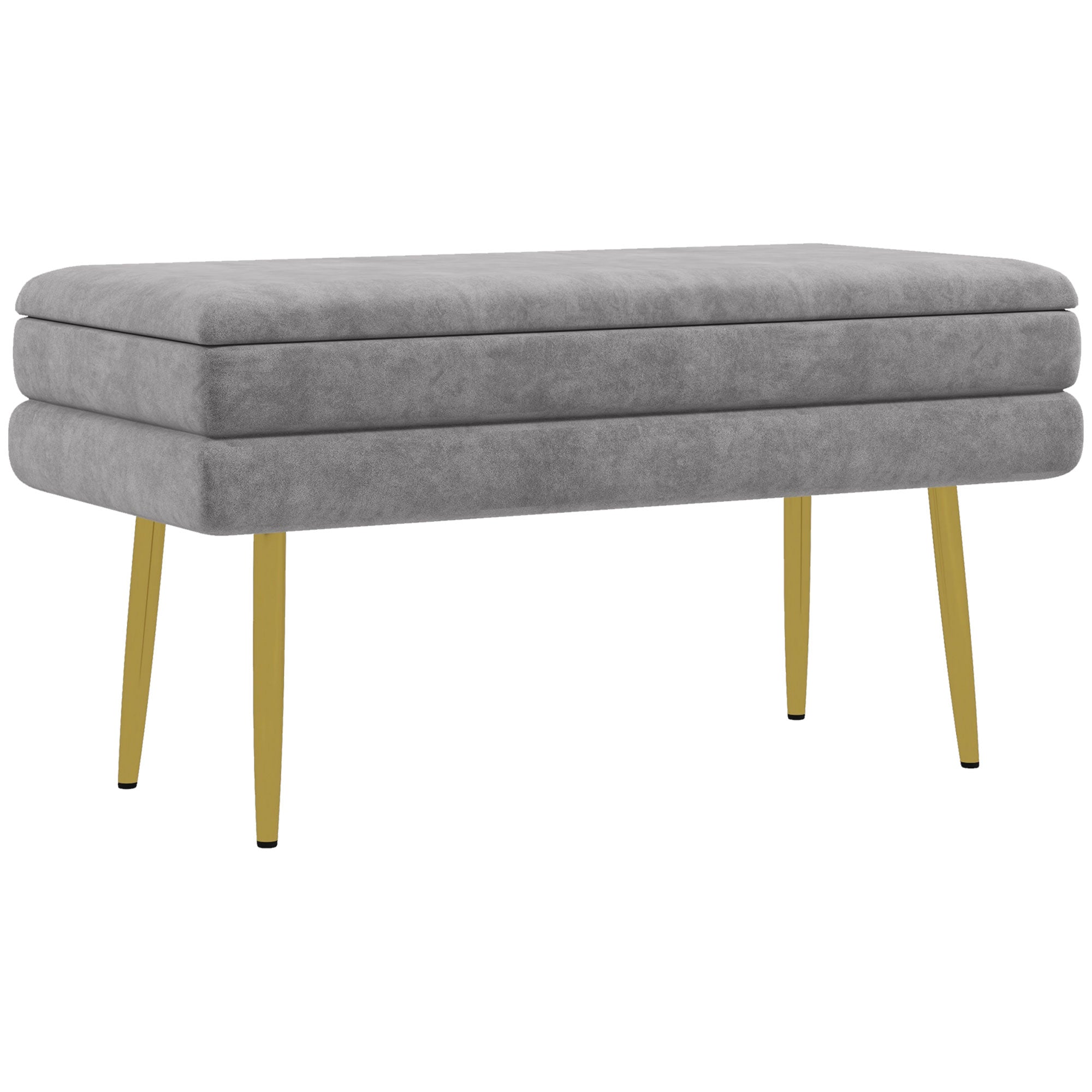 HOMCOM Tároló Pad, Ágy Végi Pad, Tároló Láda Velúr Üléssel és Acél Lábakkal, 79,5 x 37,5 x 43 cm, Szürke és Arany