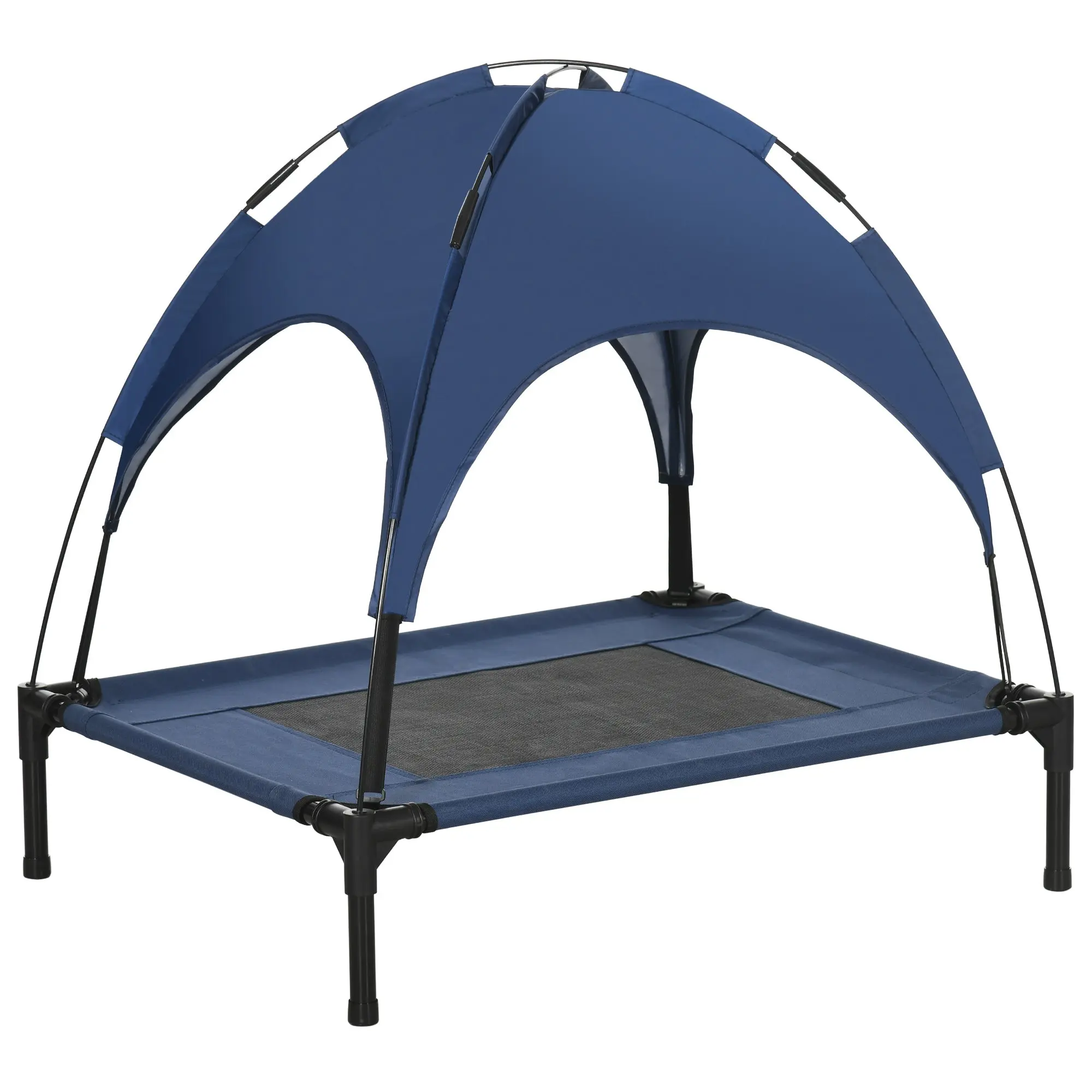 Elevated Dog Bed with Canopy, Pet Bed, Outdoor Dog Lounge with Roof, Breathable, Taft Fabric for Camping Dark Blue 76 x 61 x 73 cm