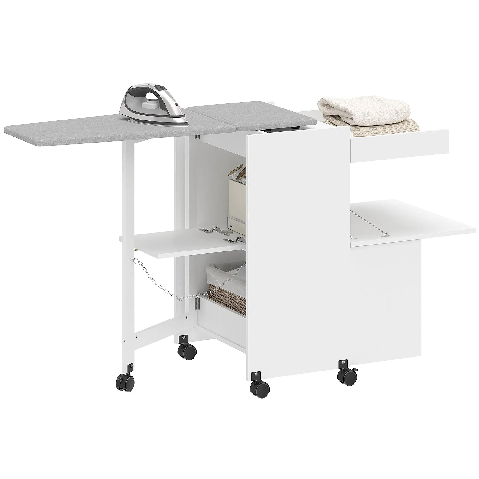 Ironing Cabinet — Folding Ironing Board on Wheels with Iron Rest, Push-to-Open Doors, Soft-Close Hinges, Small-Space Laundry Storage, 60.6×21.7×34.3 in (154×55×87 cm), White