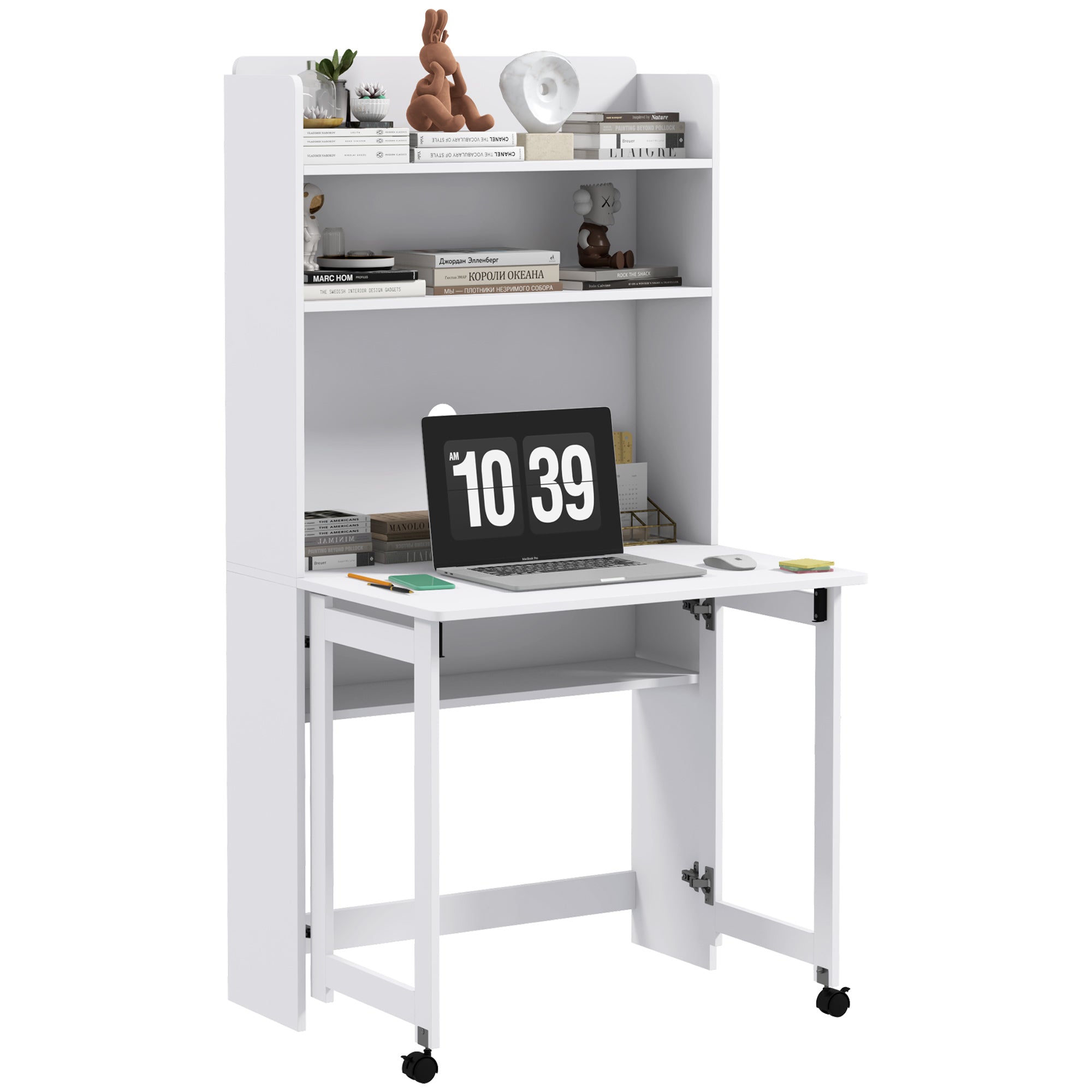 HOMCOM Folding Computer Desk with Storage Shelves, Space-Saving Drop-Leaf Home Office Workstation with Wheels, 80 x 69 x 153 cm, White