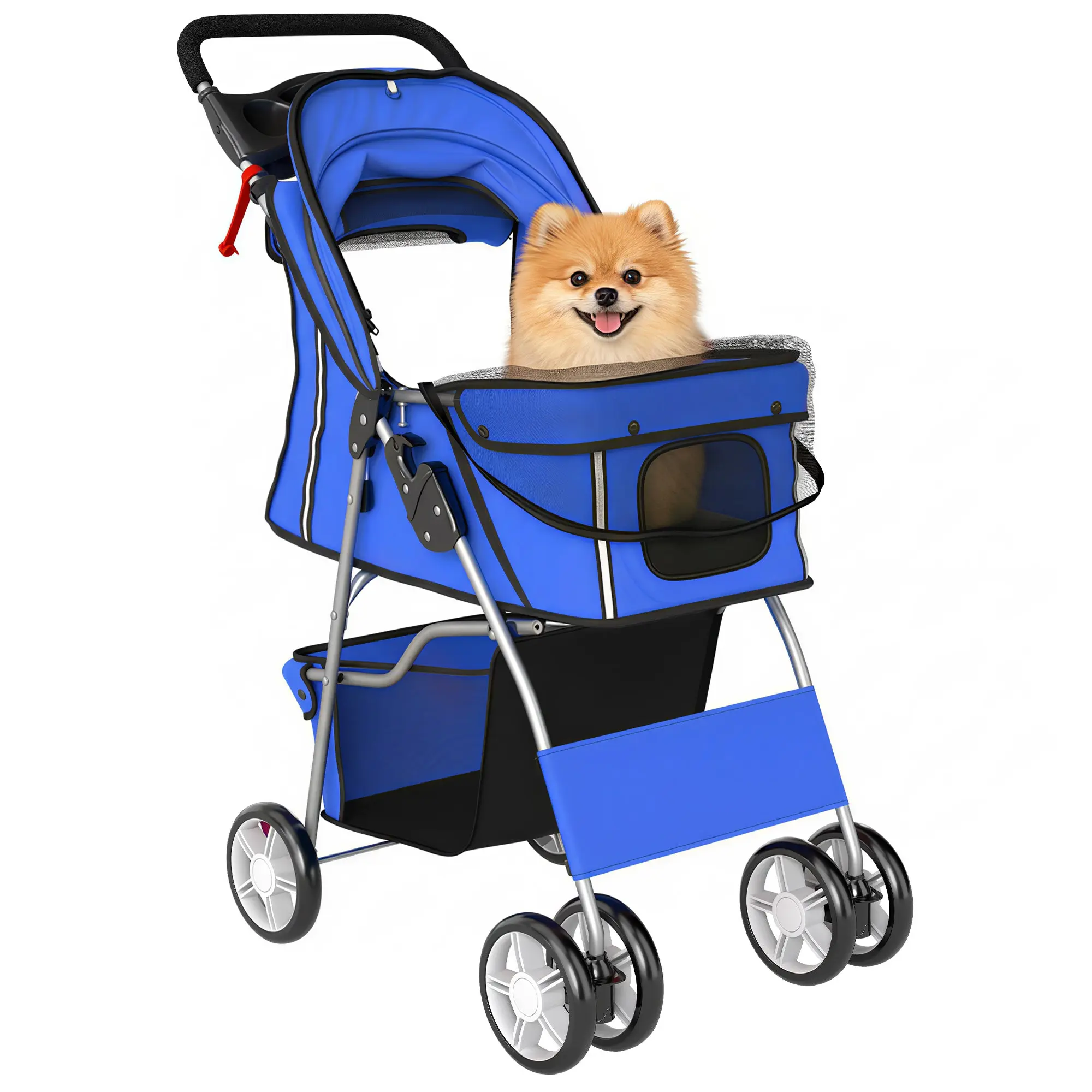 Foldable Pet Stroller Buggy for Dogs & Cats up to 22 lb — Reflective Strips, Storage Basket, Washable Cushion, Mesh Windows, Cup Holder, 360° Swivel Wheels with Brake — Blue