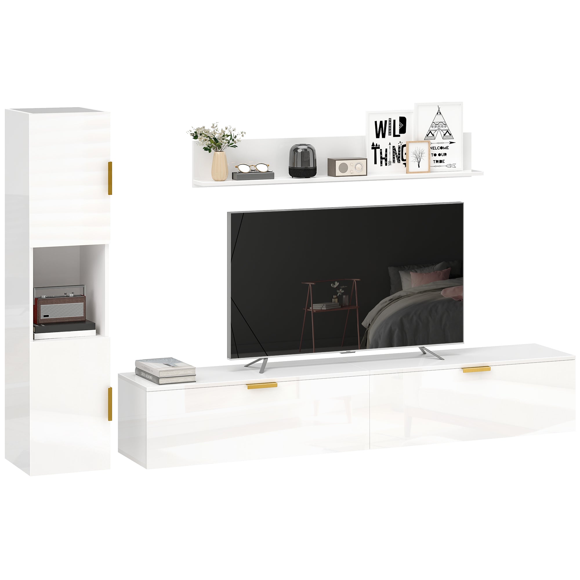 HOMCOM 3 dalių pakabinama TV spintelė su lentyna ir spintele — tinka iki 55 col. (140 cm) televizorių, blizgi balta