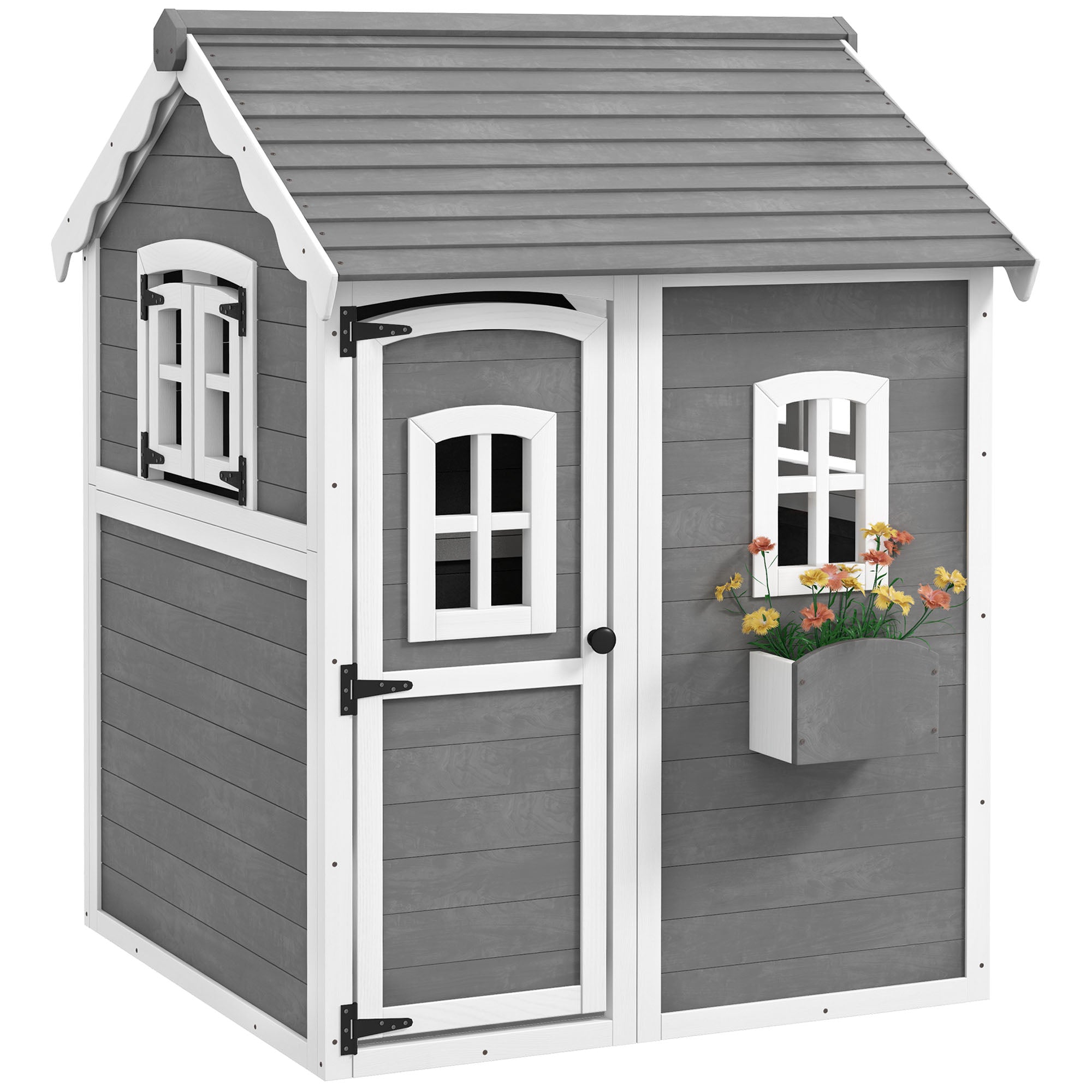 Outsunny Kinderspielhaus aus Holz Spielhaus Outdoor mit Tür, Fenster und Pflanzkasten, Kinderhaus, Gartenhaus für Kinder 3-8 Jahre