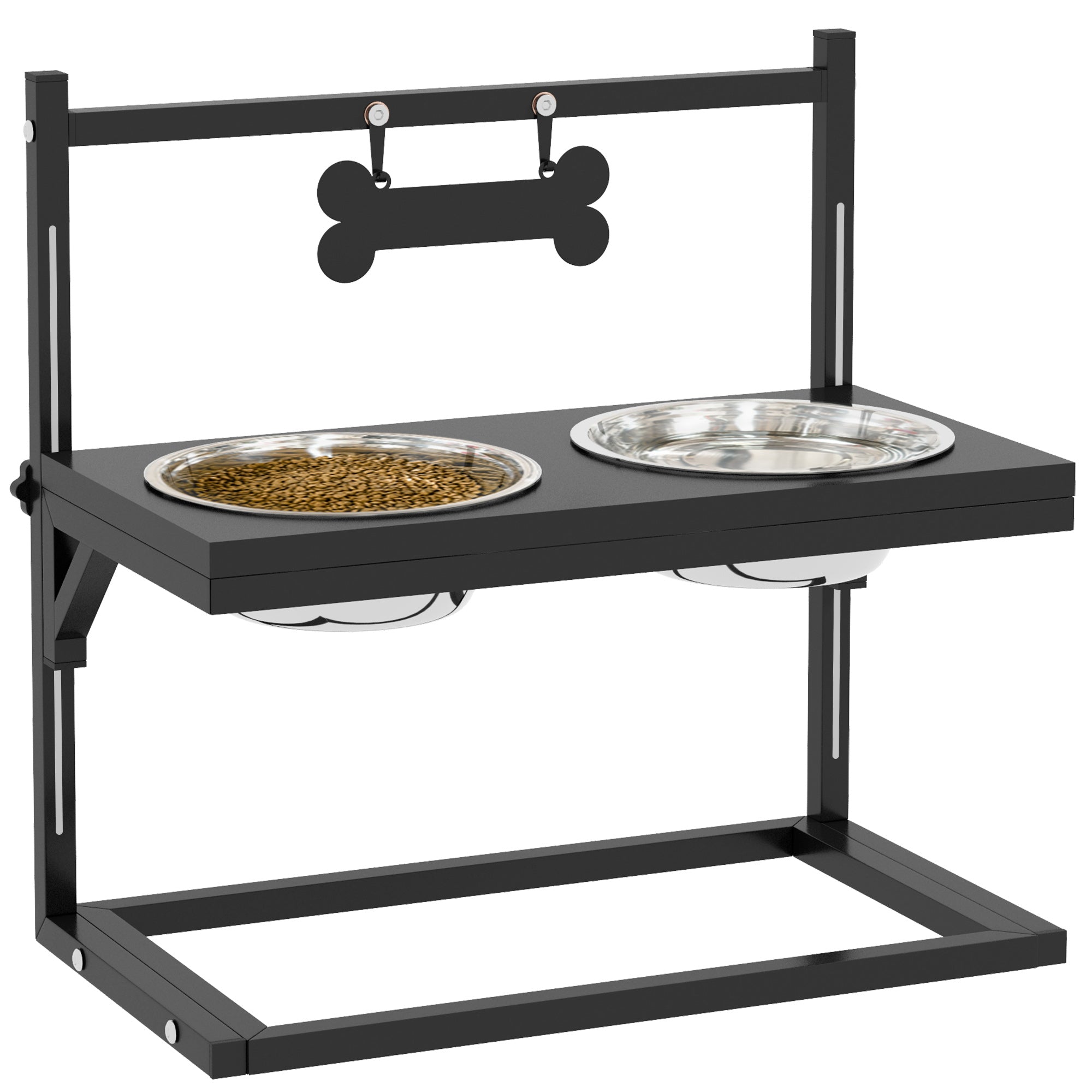 PawHut Verhoogde Hondenvoerbak Hoogte Verstelbare Voerbak met Stand Botvormige Metalen Plaat, 2 x 900ml RVS Schalen Verstelbare Hondenvoerbak Voederstation voor Honden en Katten Zwart