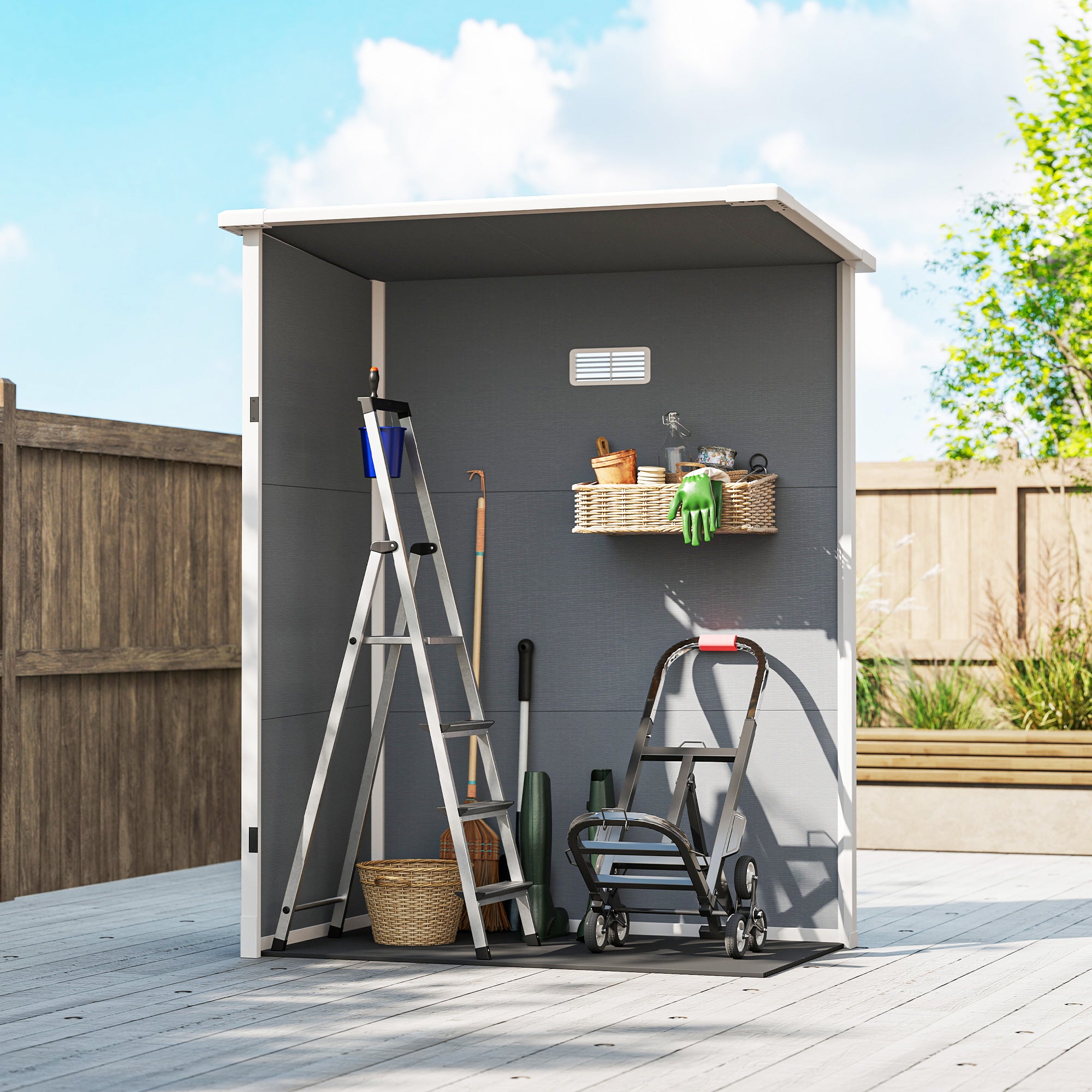 Garden Shed 1.14 m? Tool Shed - lockable door, ventilation, and window - dim. 151L x 92W x 193H cm - plastic, gray