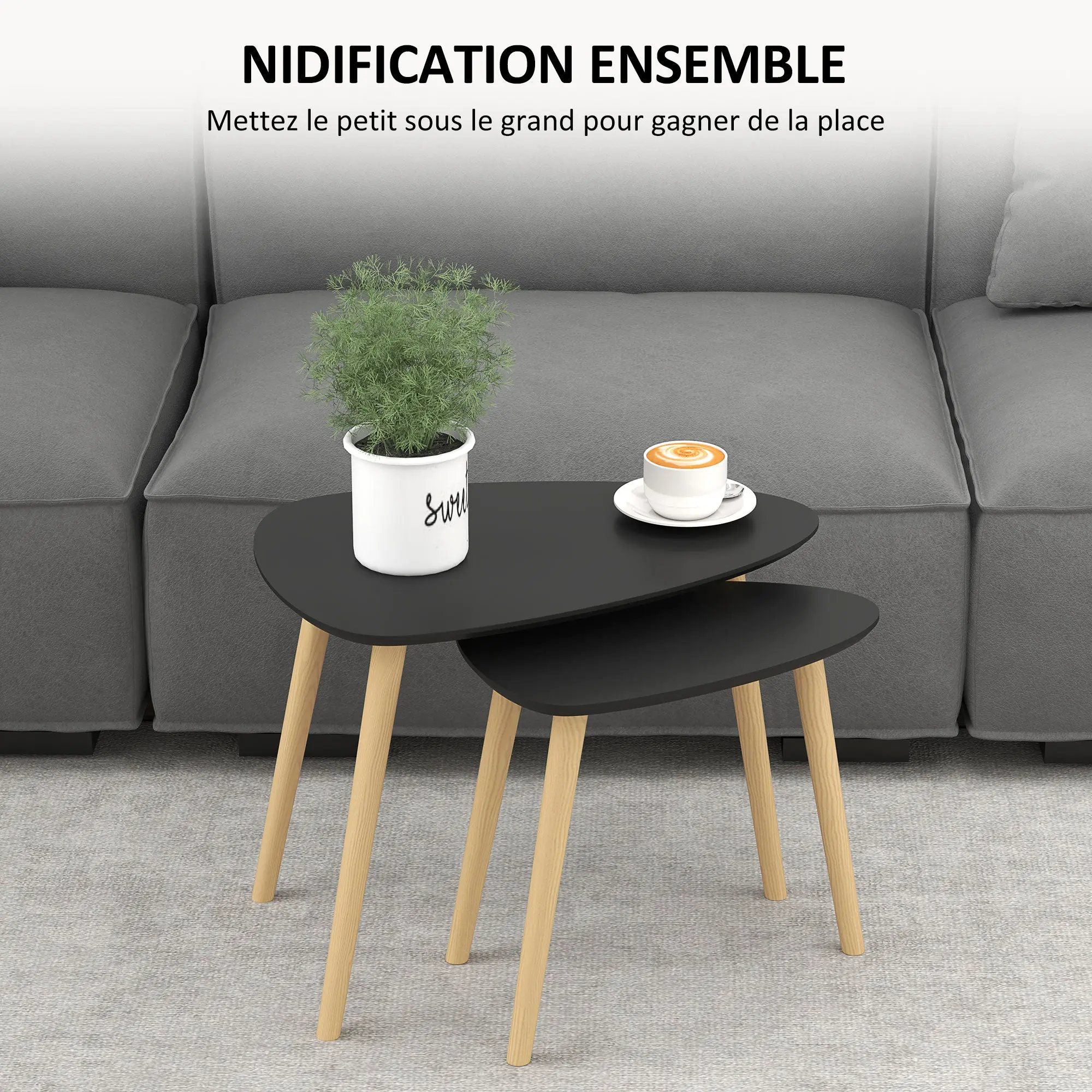Set of 2 Scandinavian Design Nest of Tables with Wooden Legs and Wooden Tabletop, Black