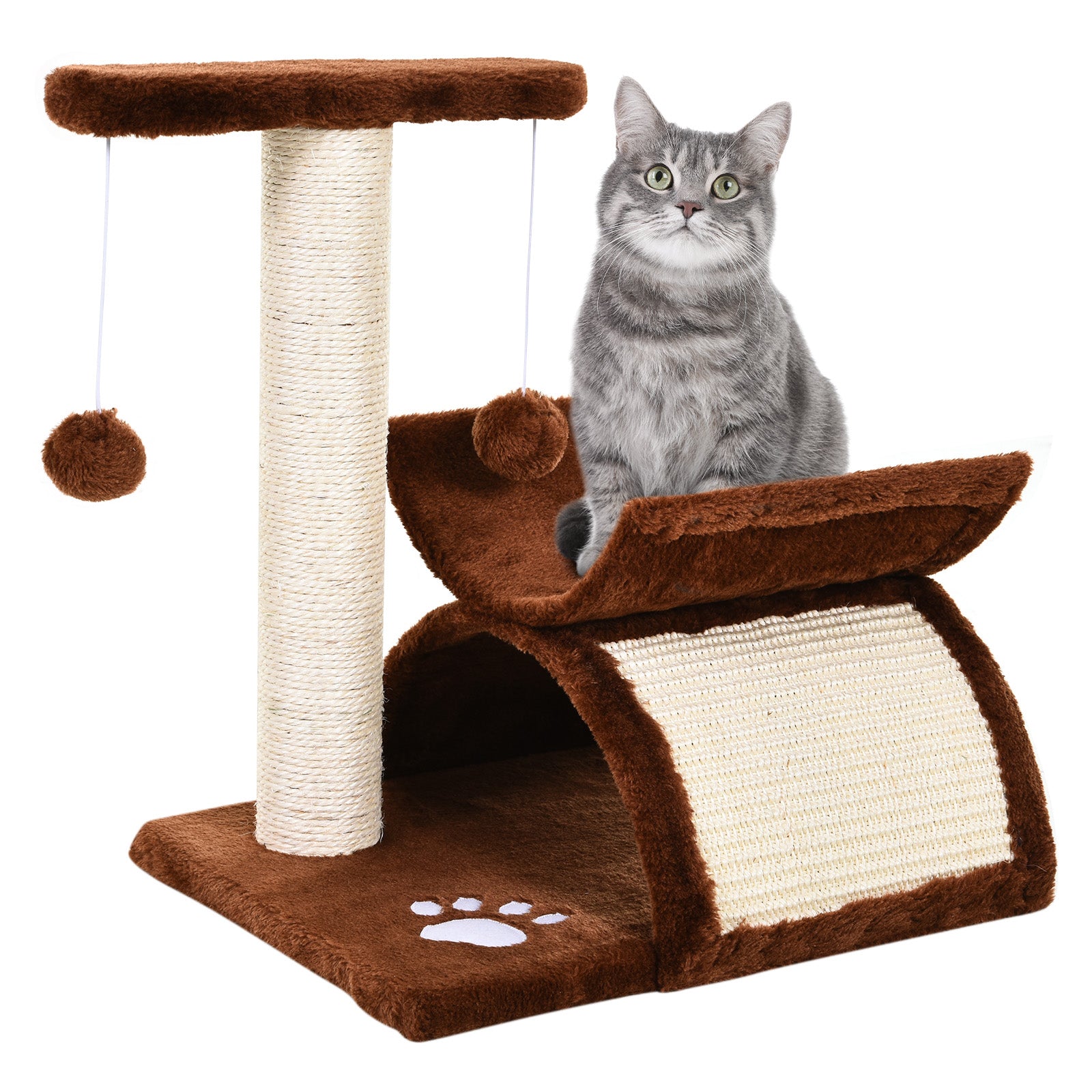 PawHut Lille Katteskrabetræ Legetræ til Katte med Legetøj Bold Brun L40 x B30 x H43 cm