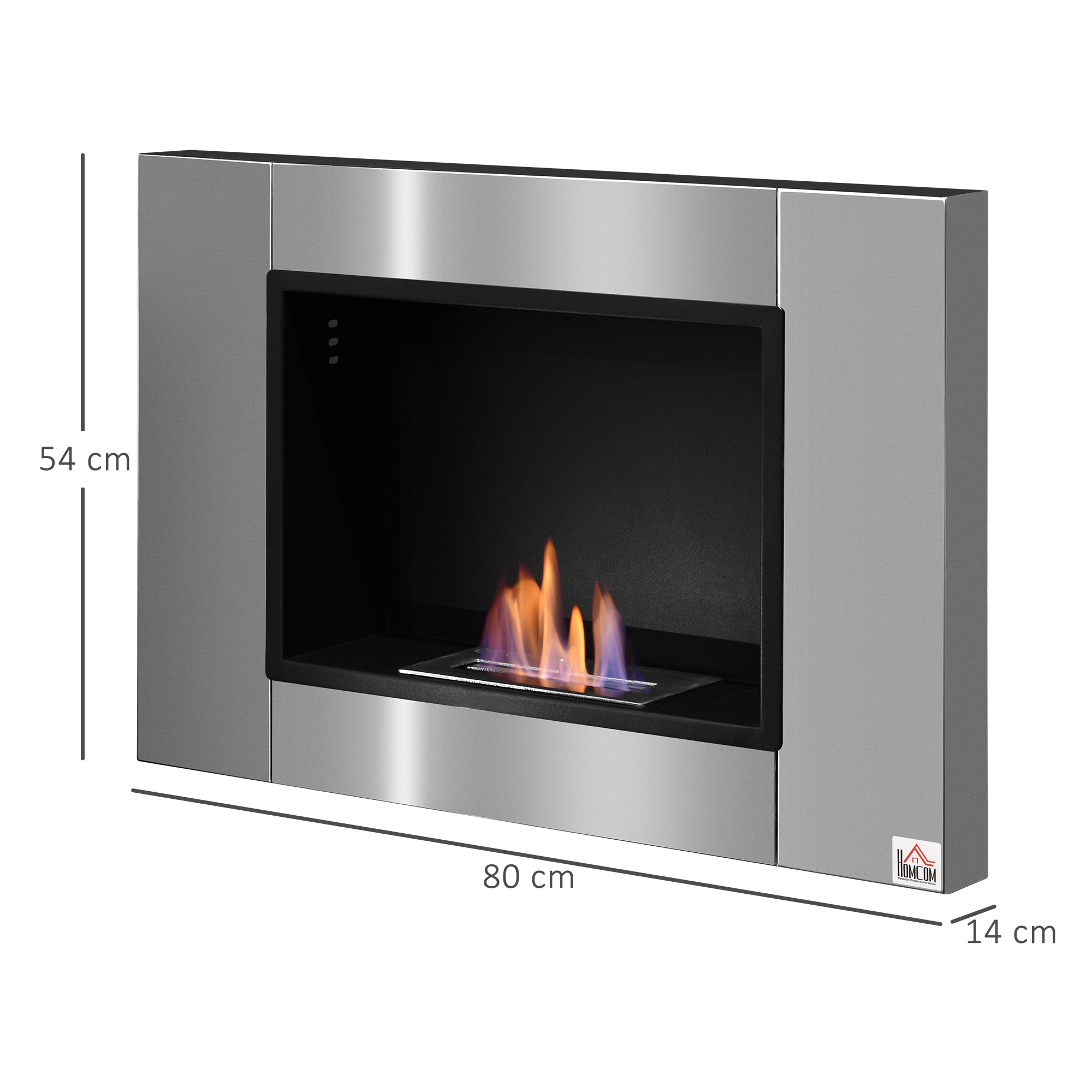 HOMCOM Kamenica za ugradnju na zid s bioetanolom 0.9 L, vrijeme izgaranja 3 sata, dimenzije 80L x 14W x 54H cm, pokrivenost 25-30 m², nehrđajući čelik
