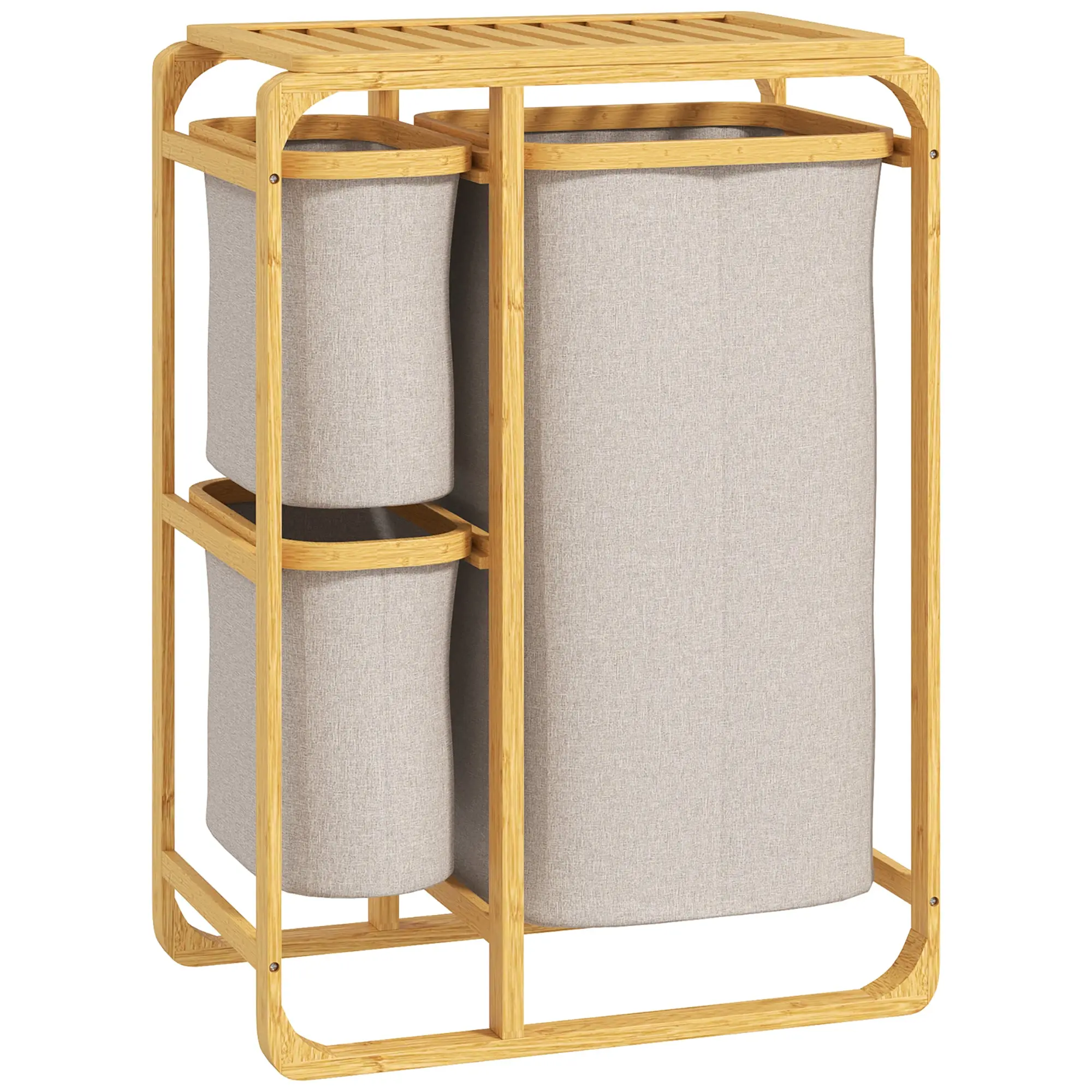 Space-Saving Laundry Basket, Elegant Laundry Basket with 3 Removable Fabric Bags and Shelves, Bamboo, 50x32x69.7 cm, Bamboo and Cream Color