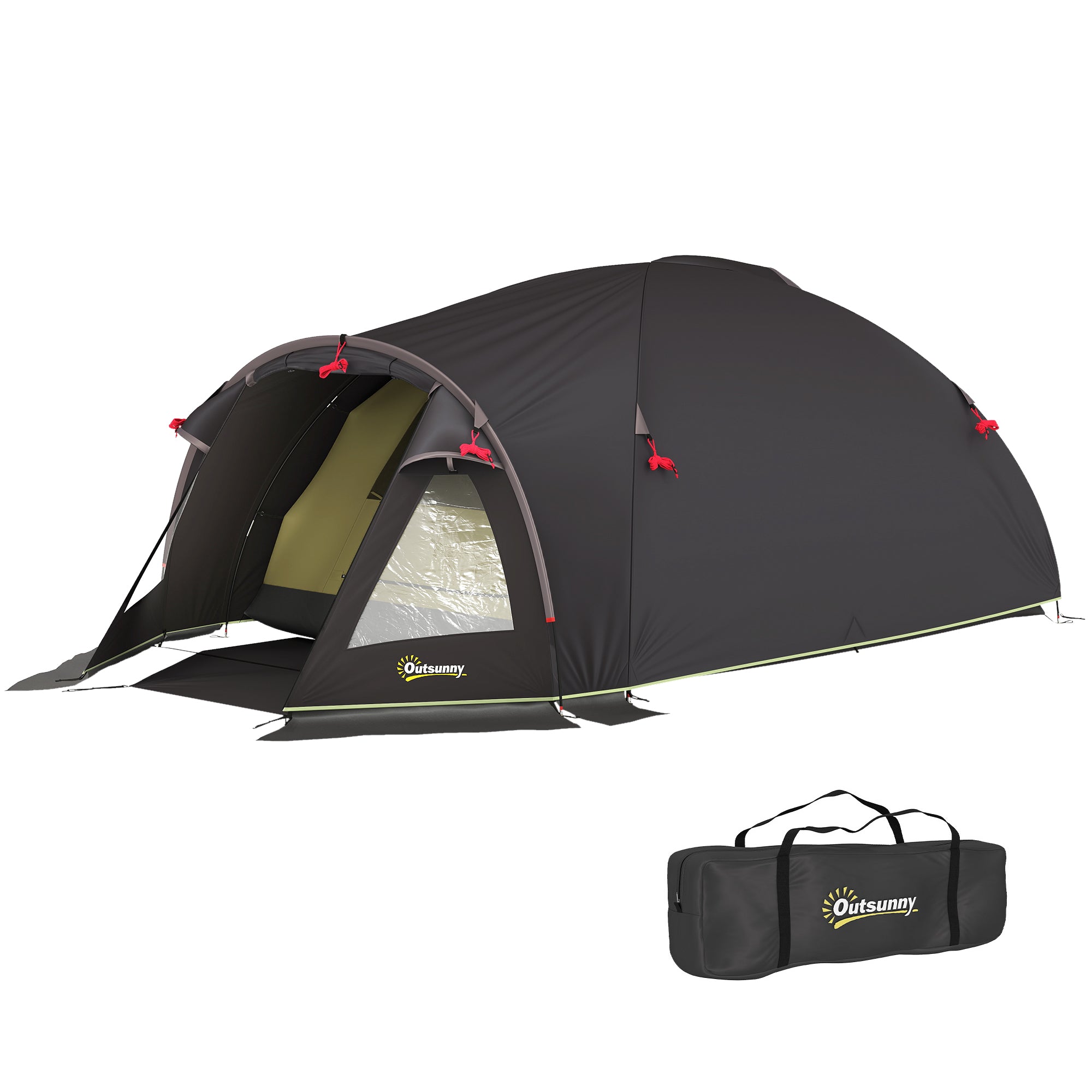 Tunnel Camping Tent for 2-4 People with 2 Rooms, Family Camping Tent for 4 People Waterproof 3000mm with Mesh Door, Side Windows, and Carrying Bag, 330x190x120 cm, Black