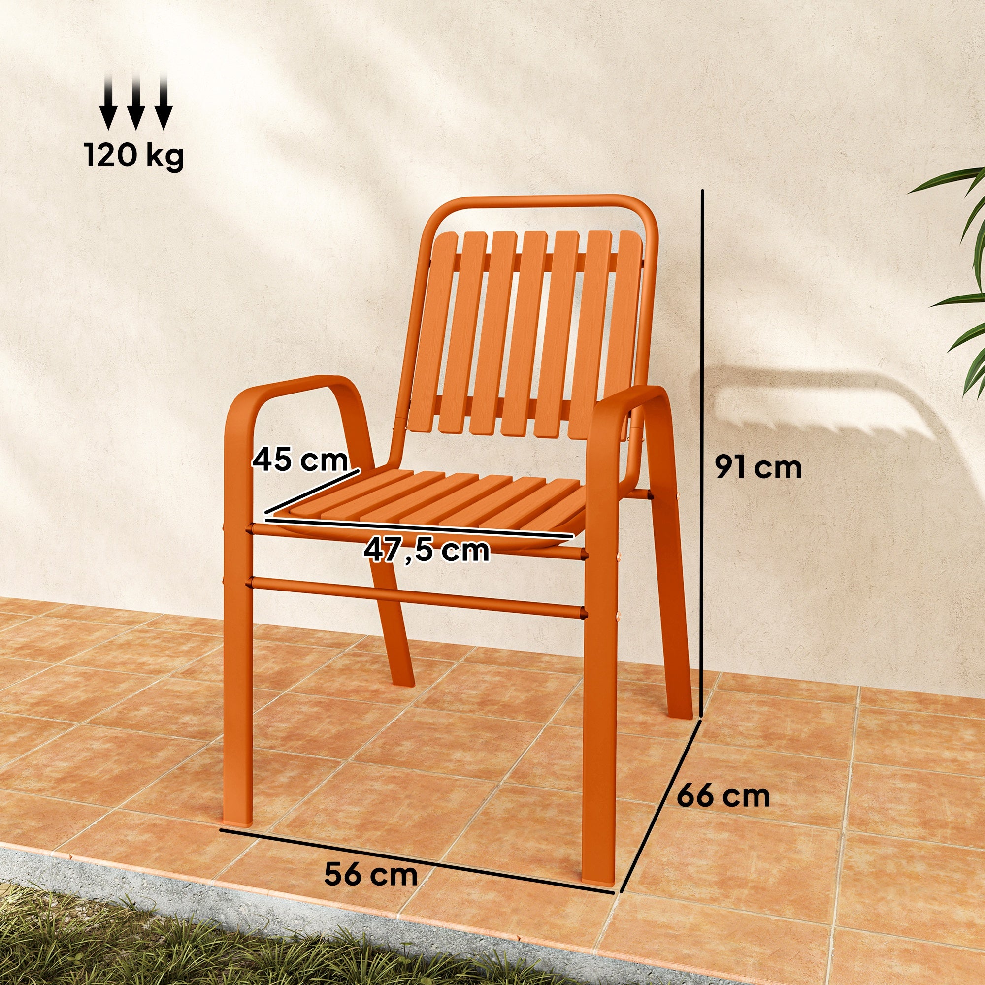 Set of 4 Outdoor Stackable Garden Chairs with High Back and Armrests, Steel Frame for Garden, Pool, Terrace, Orange