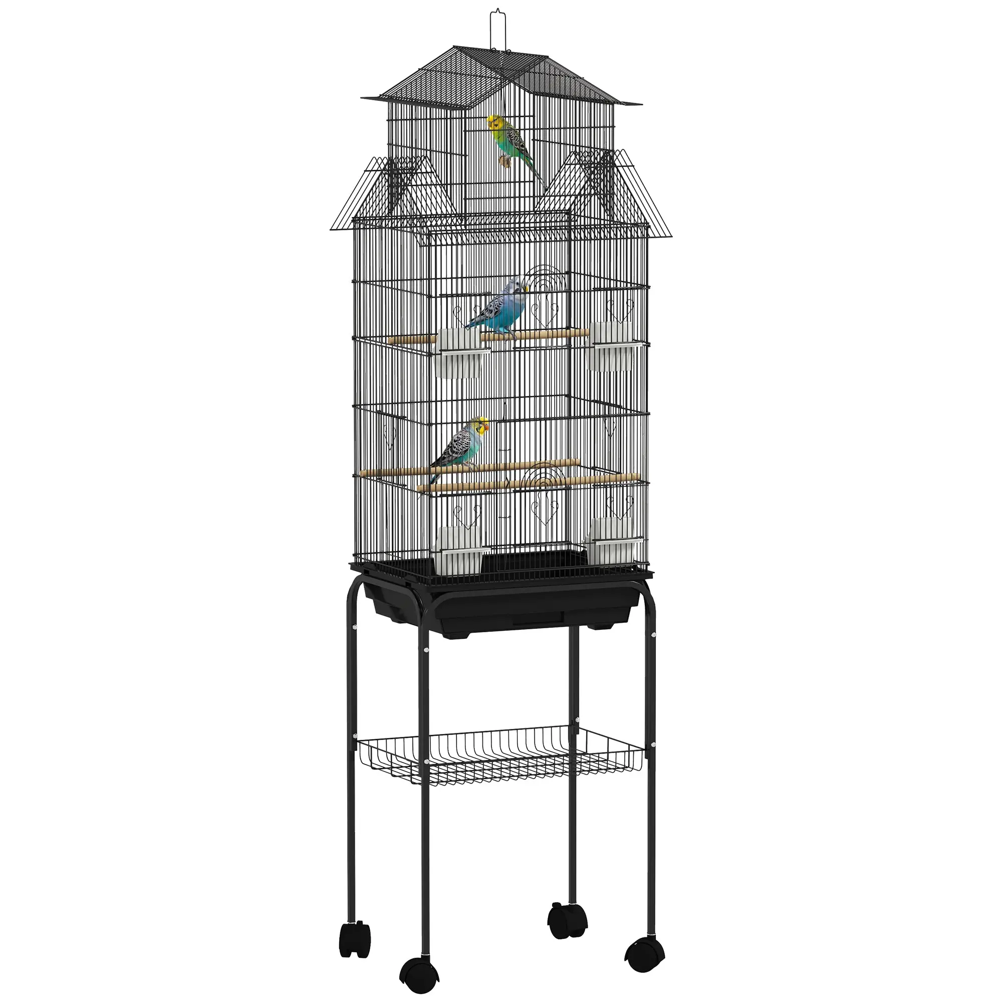 Bird Cage with Wheels Steel Birdcage with Feeders Perches Swing and Removable Tray Large Cage for Parrots Canary Budgie 50.5x41x163 cm Black
