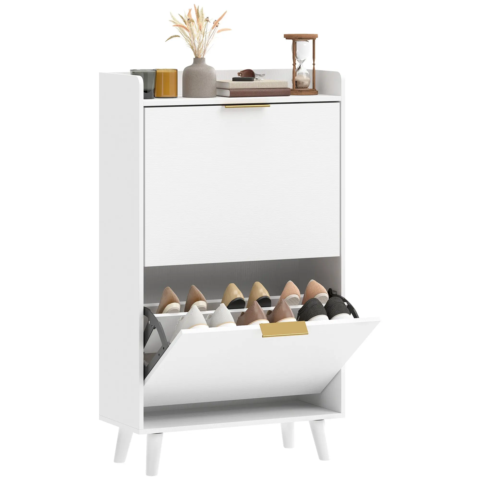 Shoe Cabinet for 12 Pairs – Narrow Entry Storage with 2 Tilt Drawers, Adjustable Shelves, Rubberwood Legs, White