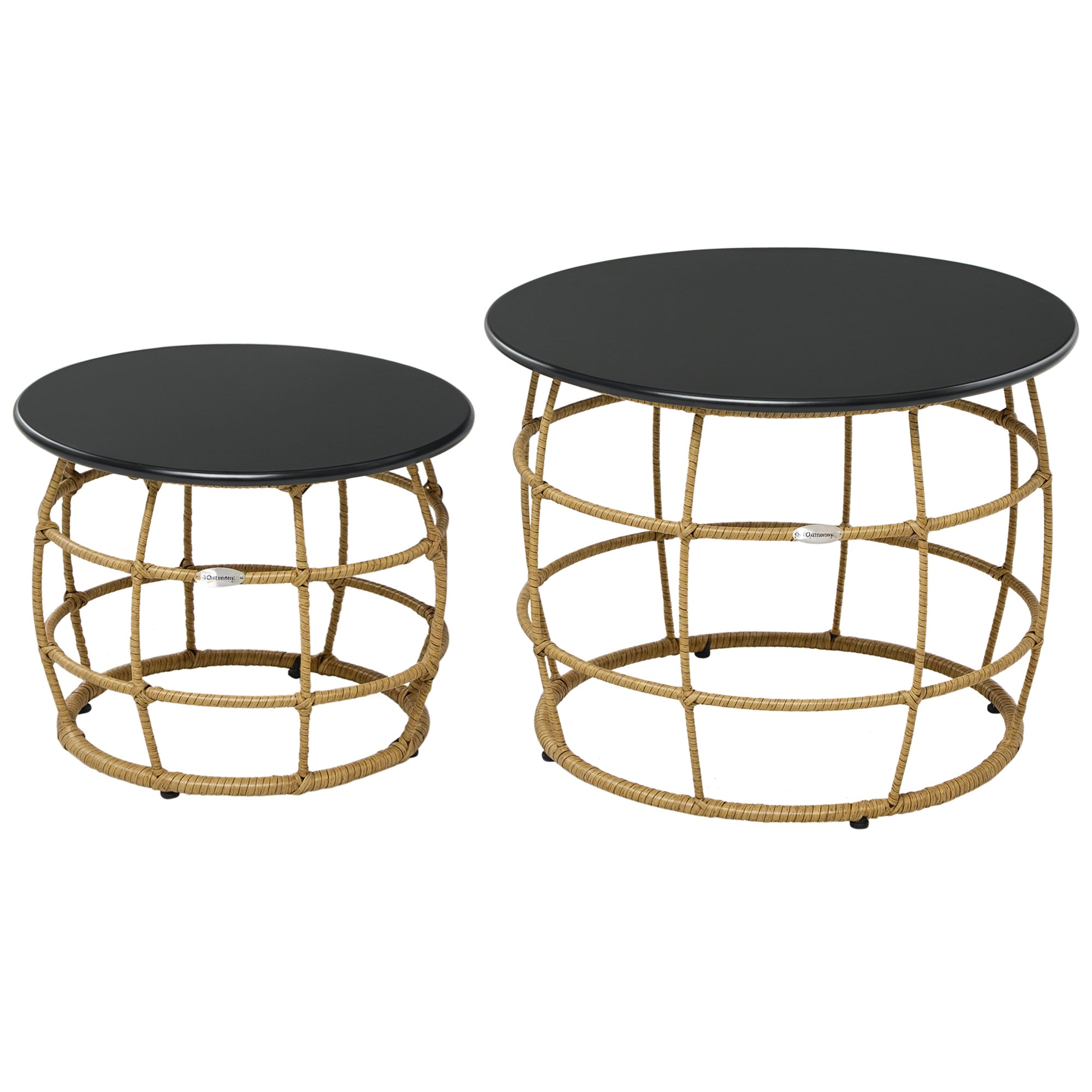 2-Piece Side Table Set, Rattan Coffee Table, Metal Tabletop, Handwoven Sofa Table for Garden, Balcony, ?46+?60 cm, Sand