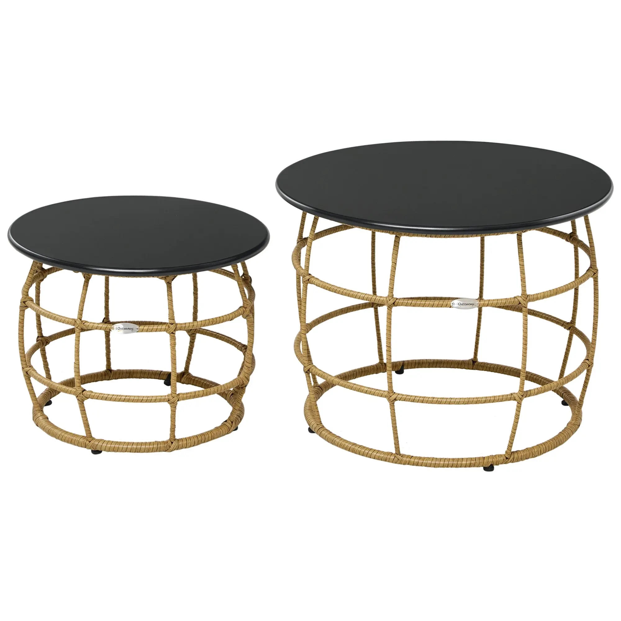 2-Piece Side Table Set, Rattan Coffee Table, Metal Tabletop, Handwoven Sofa Table for Garden, Balcony, ?46+?60 cm, Sand