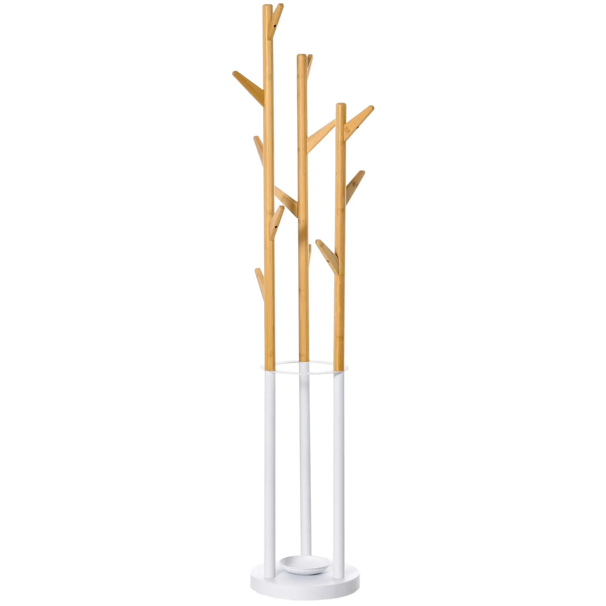 Coat Rack, Clothes Stand with 12 Hooks and Umbrella Stand, Tree-Shaped Wardrobe, Modern Coat Stand for Clothing, Hat, Bag, for Living Room, Bedroom, Bamboo, Natural+White