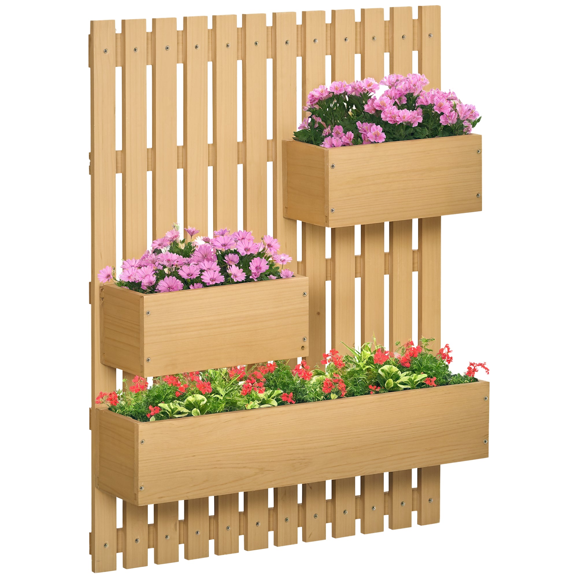 Outsunny Vægplantekasse med Lattice Vertikal Træplantekasse med 3 Mobile Potter og Drænhul til Udendørs Have Terrase Patios 60x16x80 cm Naturlig