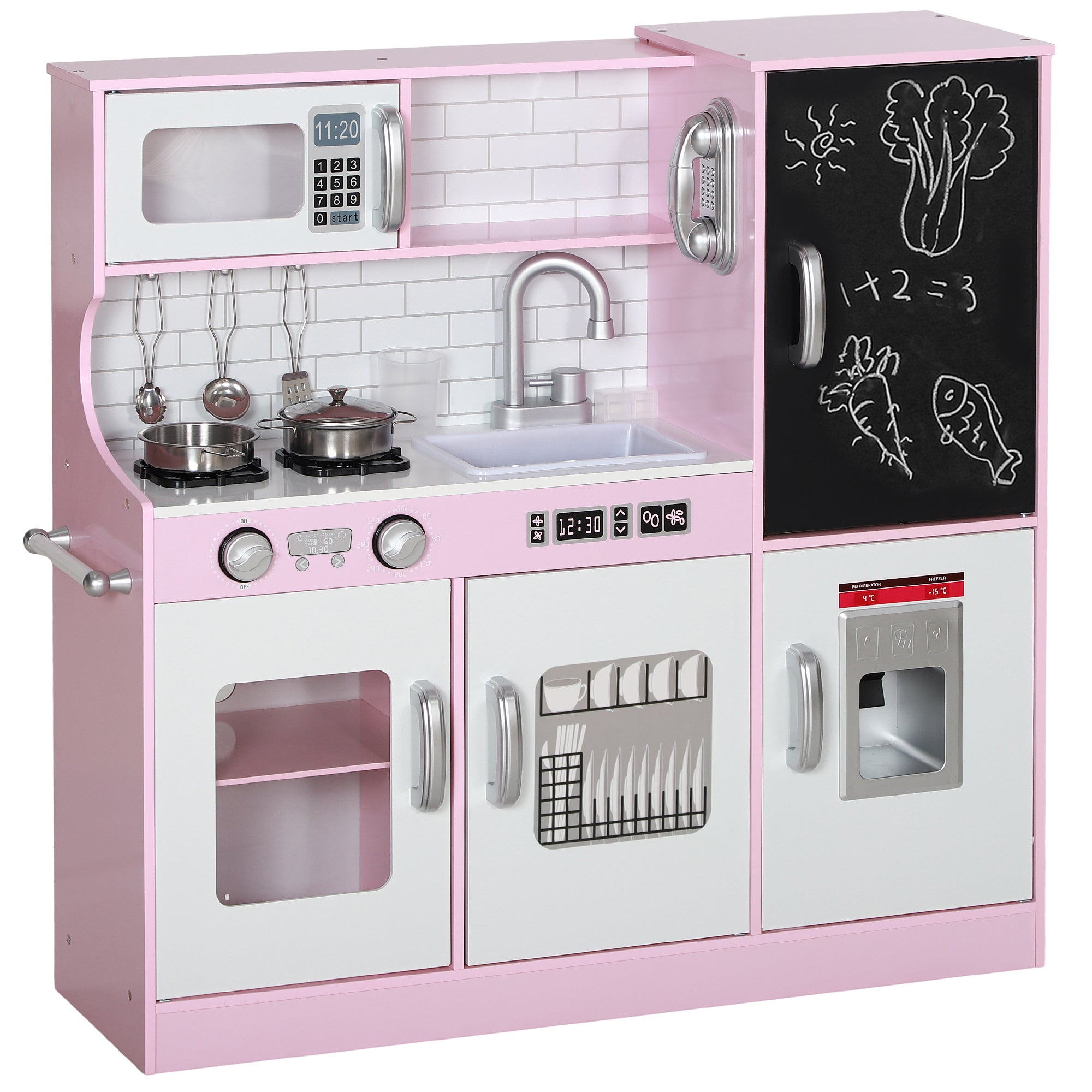 Kids Kitchen Play Kitchen with Toy Phone, Chalkboard, Microwave, Stove, Sink, Doll Kitchen with Kitchen Accessories, Ice Cube Maker for 3-8 Year Olds, Pink