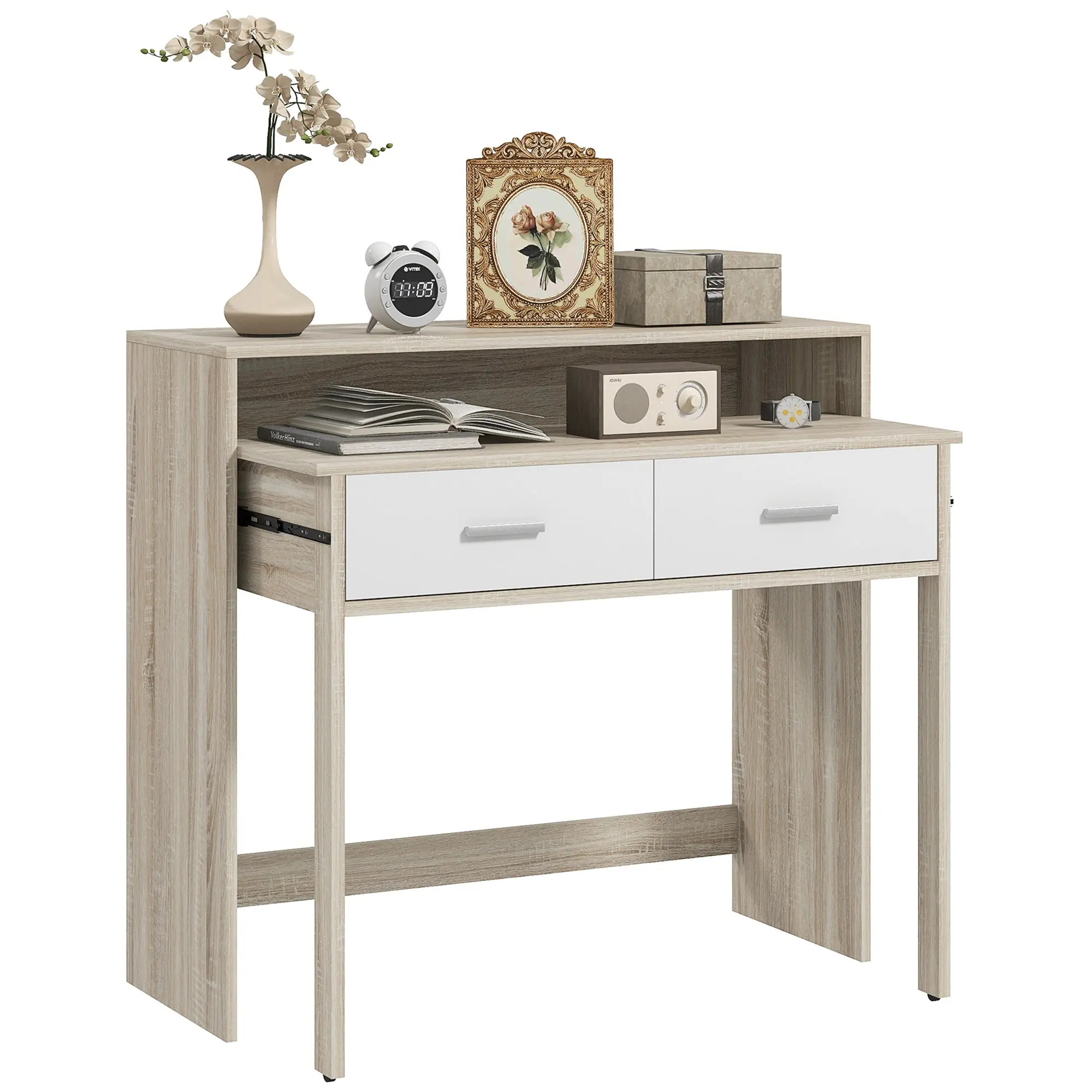 Console Desk Extensible with 2 Slide-Out Shelves 2 Drawers and 2 Anti-topple Wheels Double Entry Table 95x35x87 cm Oak