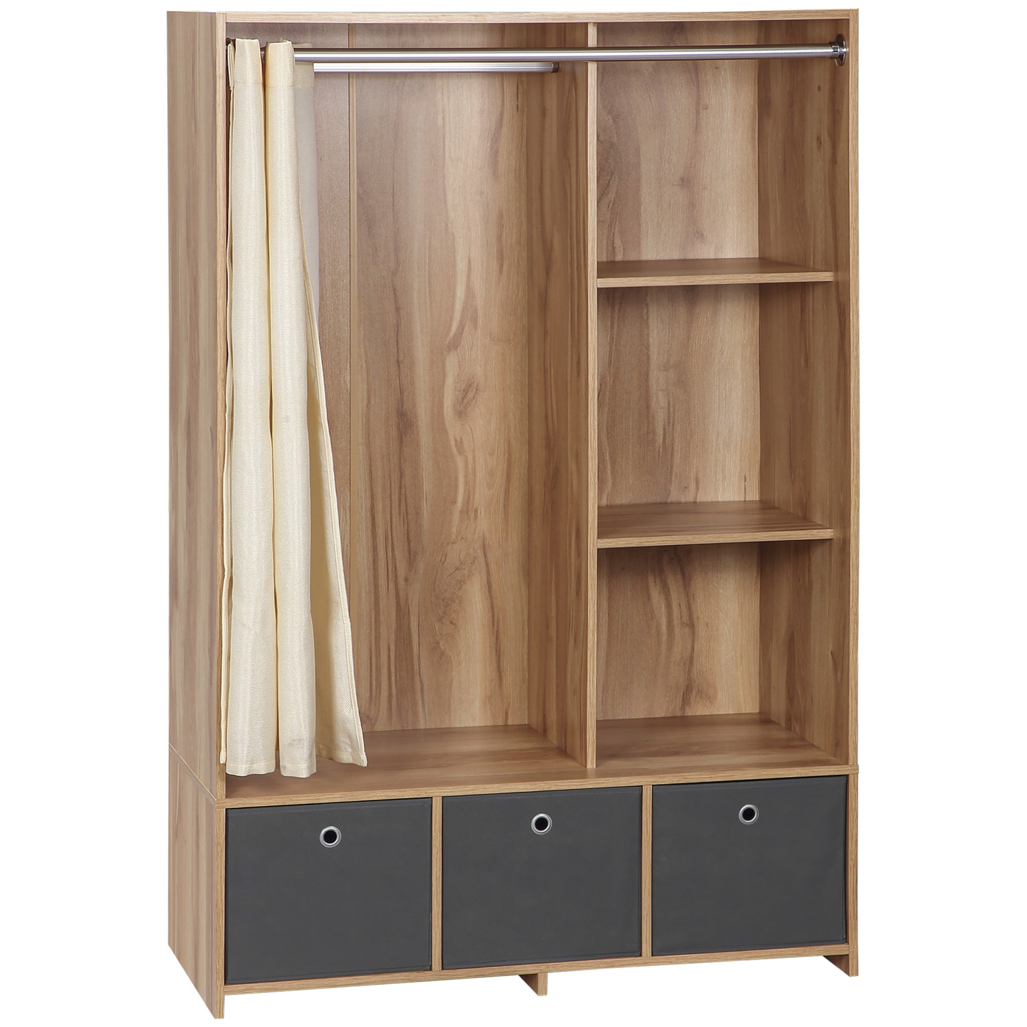HOMCOM Kleiderschrank, Ankleidezimmer mit Vorhang, Kleiderschrank, Schrank mit Kleiderstange, 3 Fächer und 3 abnehmbare Stoffschubladen - 105 x 48 x 160 cm, Naturholz