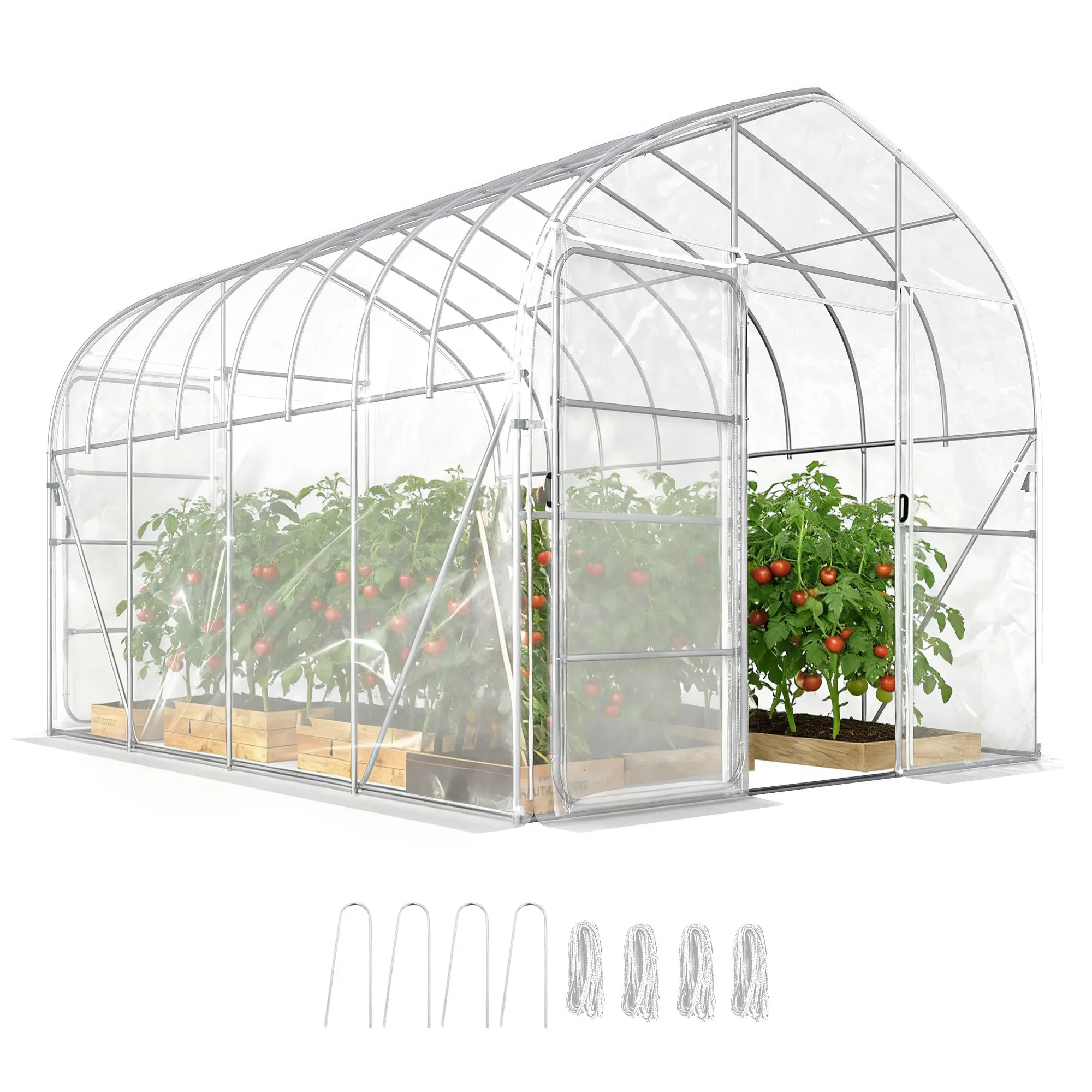 3 x 4 m (≈9.8 x 13 ft) Tunnel Greenhouse with PO Cover, 2 Hinged Doors — Clear