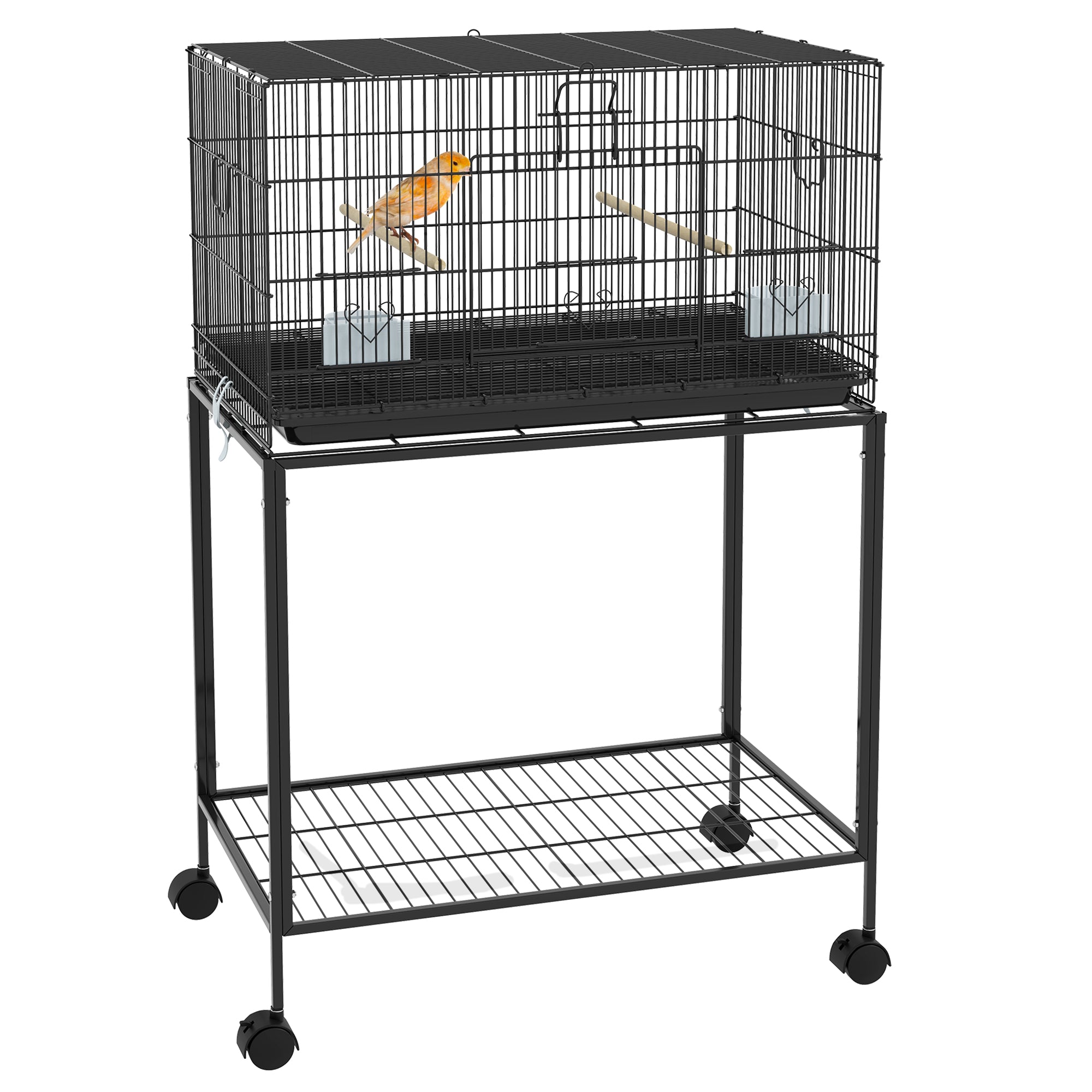 Cage à Oiseaux PawHut 77x46x119 cm - Cage Métallique avec Bac Amovible, Perchoirs en Bois et Nourrisseurs pour Pernis et Canaris Noire