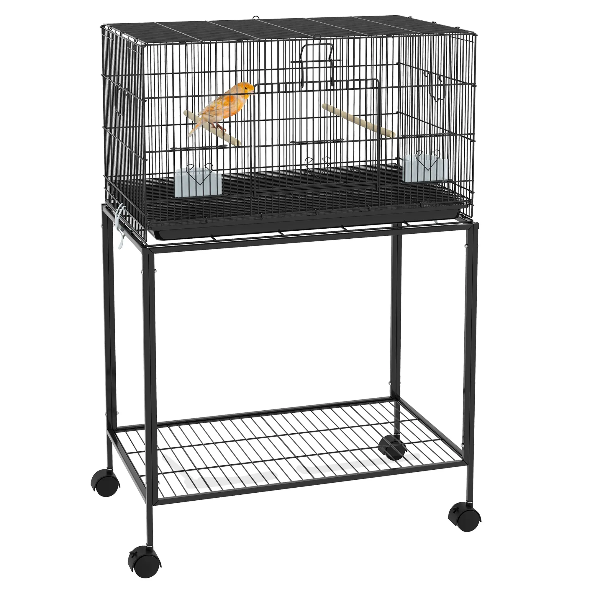 Bird Cage 77x46x119 cm Metal Cage for Birds with Removable Tray Wooden Perches Feeders for Parakeets Canaries Black