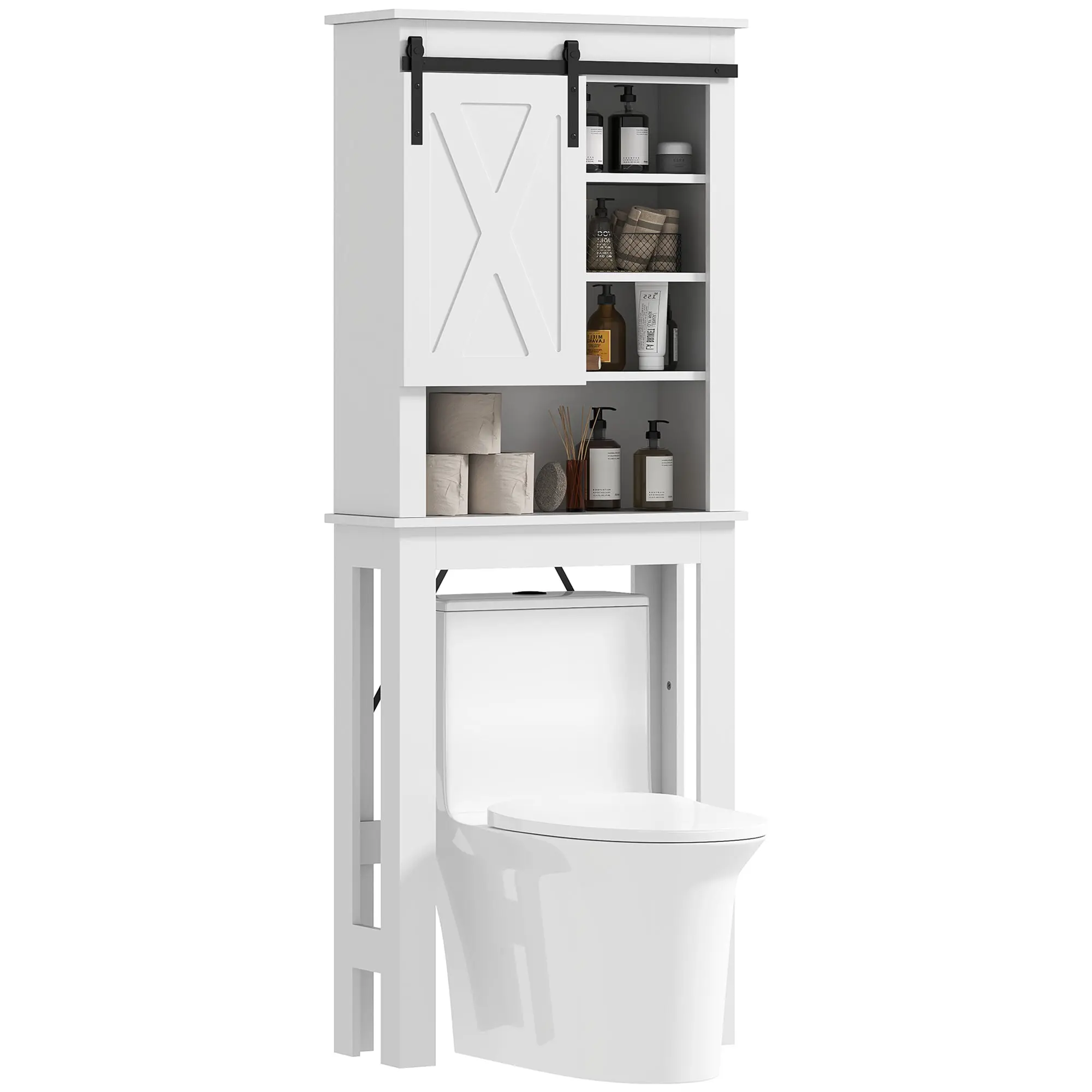 Over-The-Toilet Cabinet Over-Toilet Storage Cabinet with Barn-Style Sliding Door and 6 Compartments Rustic Bathroom Cabinet 67x25x172 cm White