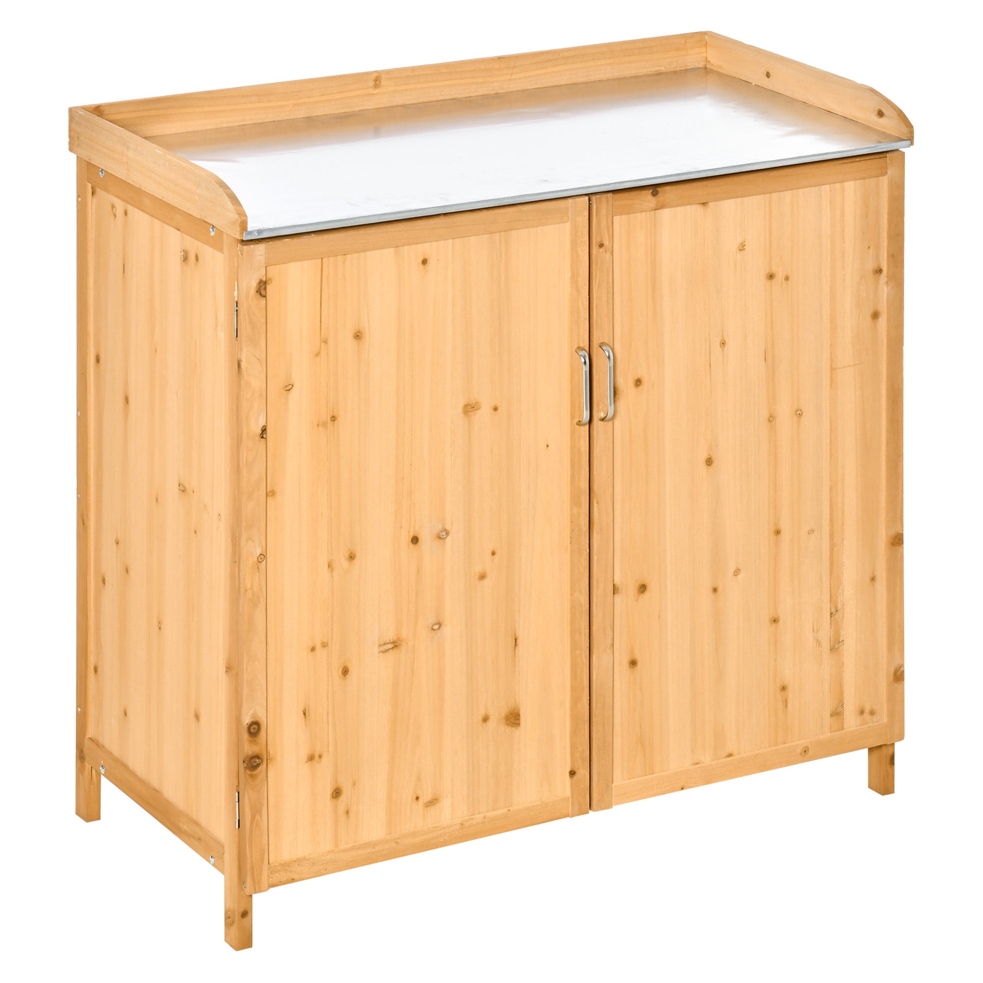 Outsunny 2-in-1 Gartenarmoire auf Ständer mit Pflanztisch - Gartentisch mit Doppel-Tür, Regal und galvanisierter Stahlblechoberfläche - vorgeölter Zedernholz-Pflanztisch
