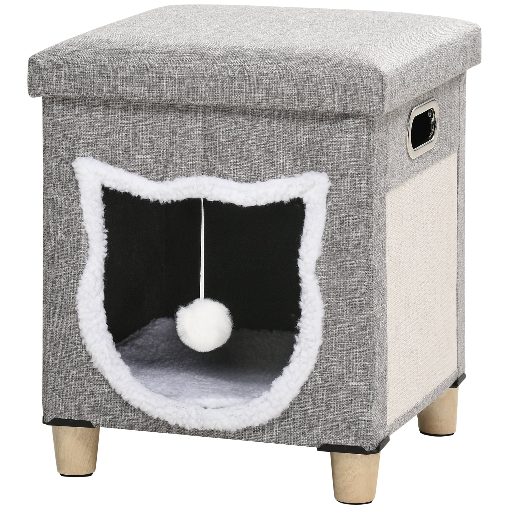 PawHut Katzenhöhle, Katzenhaus mit Kissen, Katzenbett mit Kratzpad, Hocker, Gemütliche Höhle mit Spielball, Rutschfeste Katzenhütte, Polyester, Grau, 35,5 x 35,5 x 42,5 cm