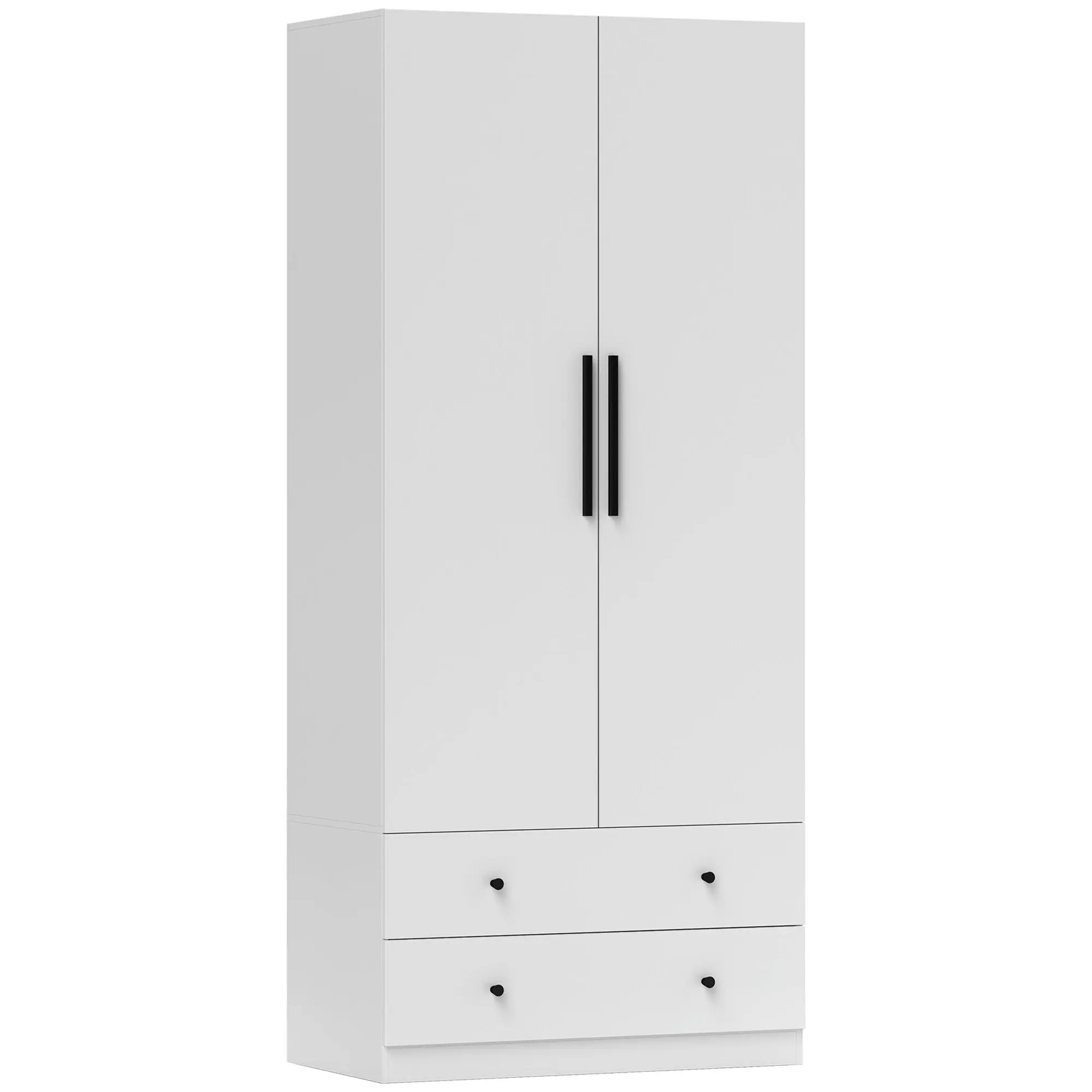 Wardrobe Multipurpose Cabinet 2-door with Deep Interior Design, Clothing Rail, and 2 Drawers Wardrobe for Bedroom 79 x 43 x 180 cm White