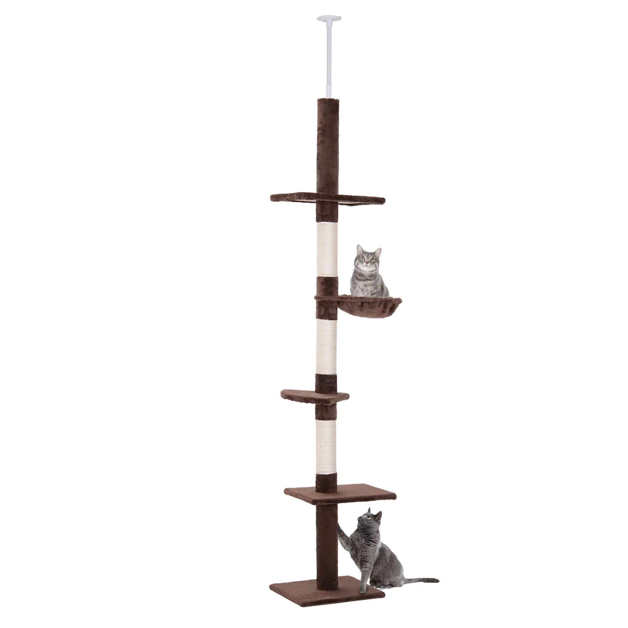 Ceiling-High Adjustable Scratching Post, Sturdy Cat Tree with Sisal Pillars, Cat Climbing Tree, Brown, 40 x 34 x 230-260 cm