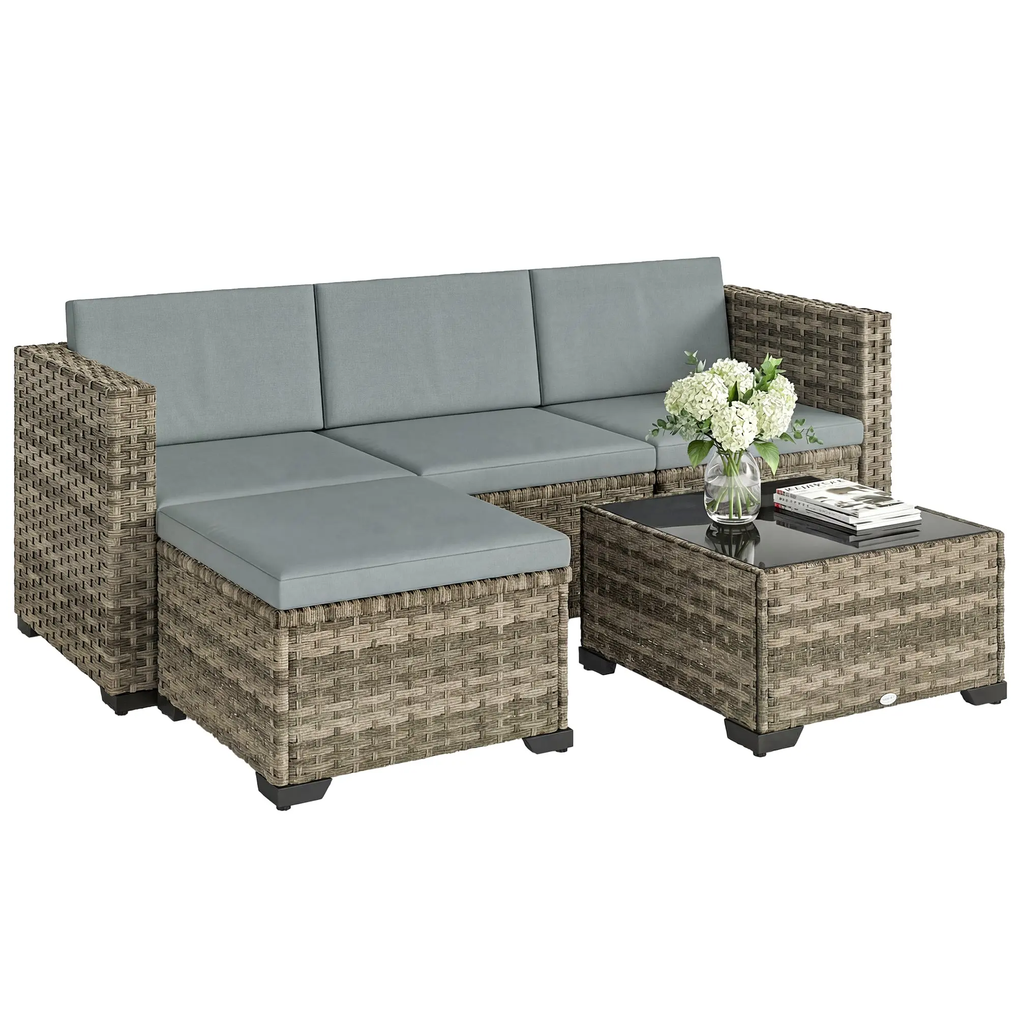 5-Piece PE Rattan Patio Set with Cushions — Light Gray Modular Corner Seating, Ottoman & Tempered Glass Coffee Table