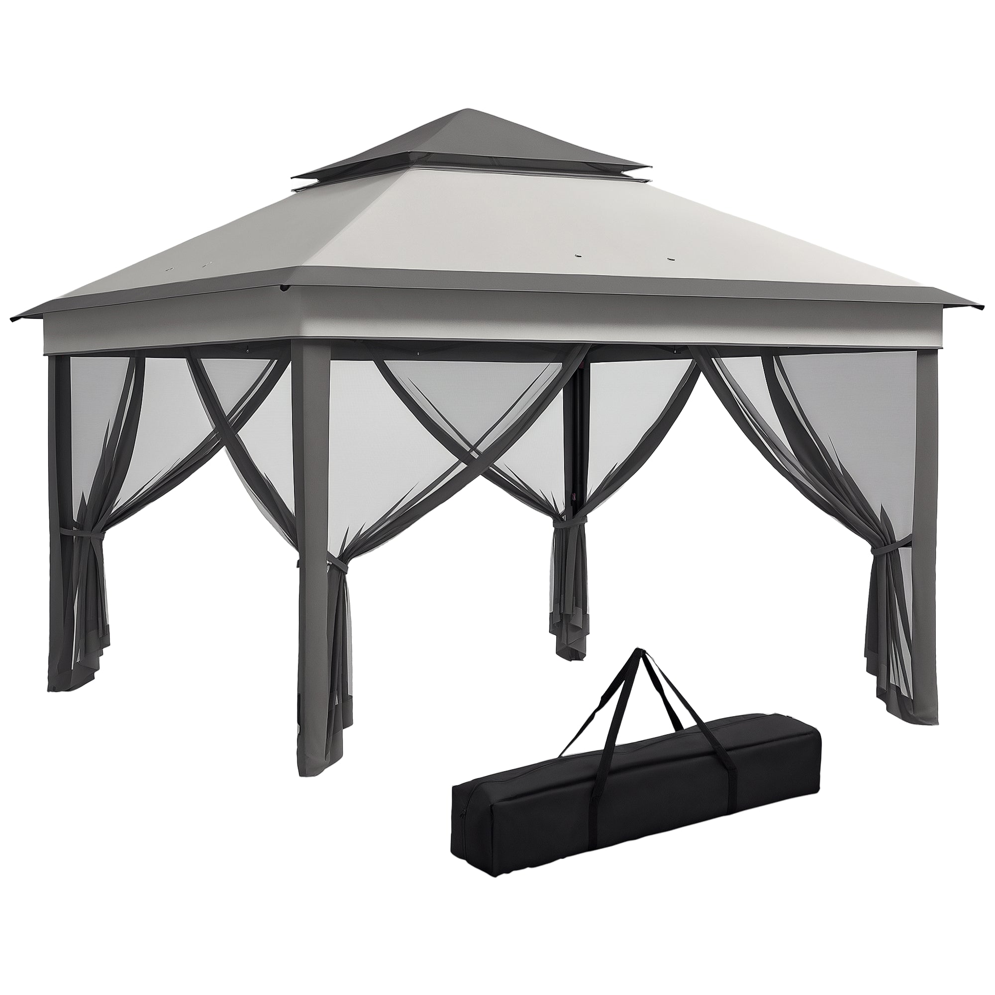 Outsunny Vouwgazebo 3x3x2,7 m Tuinluifel met Dubbel Dak Verstelbare Hoogte 4 Muggennetten UV30+ Bescherming Waterproof en Draagtas voor Buitenevenementen Kamperen Grijs