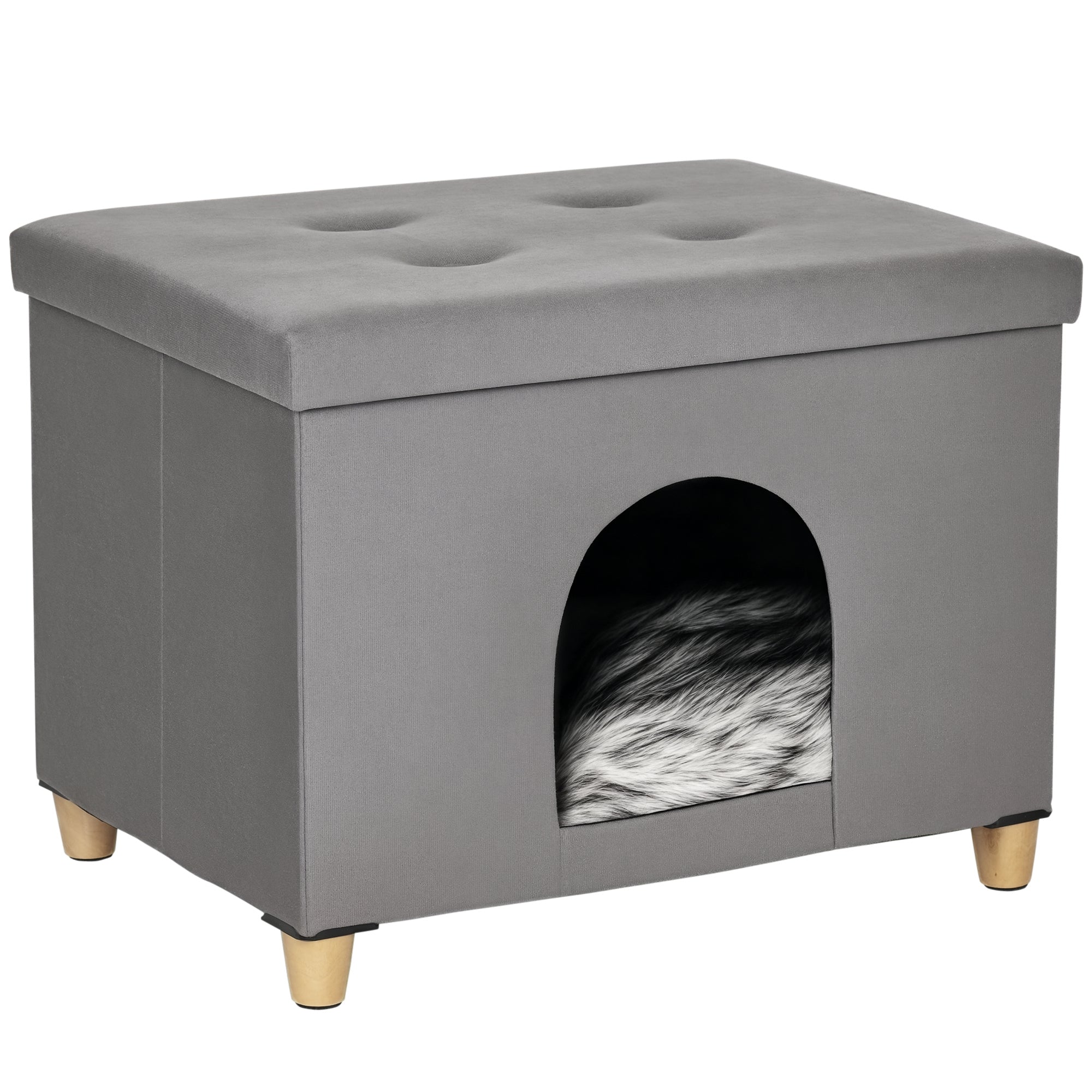 PawHut 2-in-1 Katzenhöhle Ottoman mit abnehmbarem Deckel, Eingangsloch, waschbarem Kissen und erhöhten Holzbeinen für den Innenbereich 60x45x44,5 cm Grau