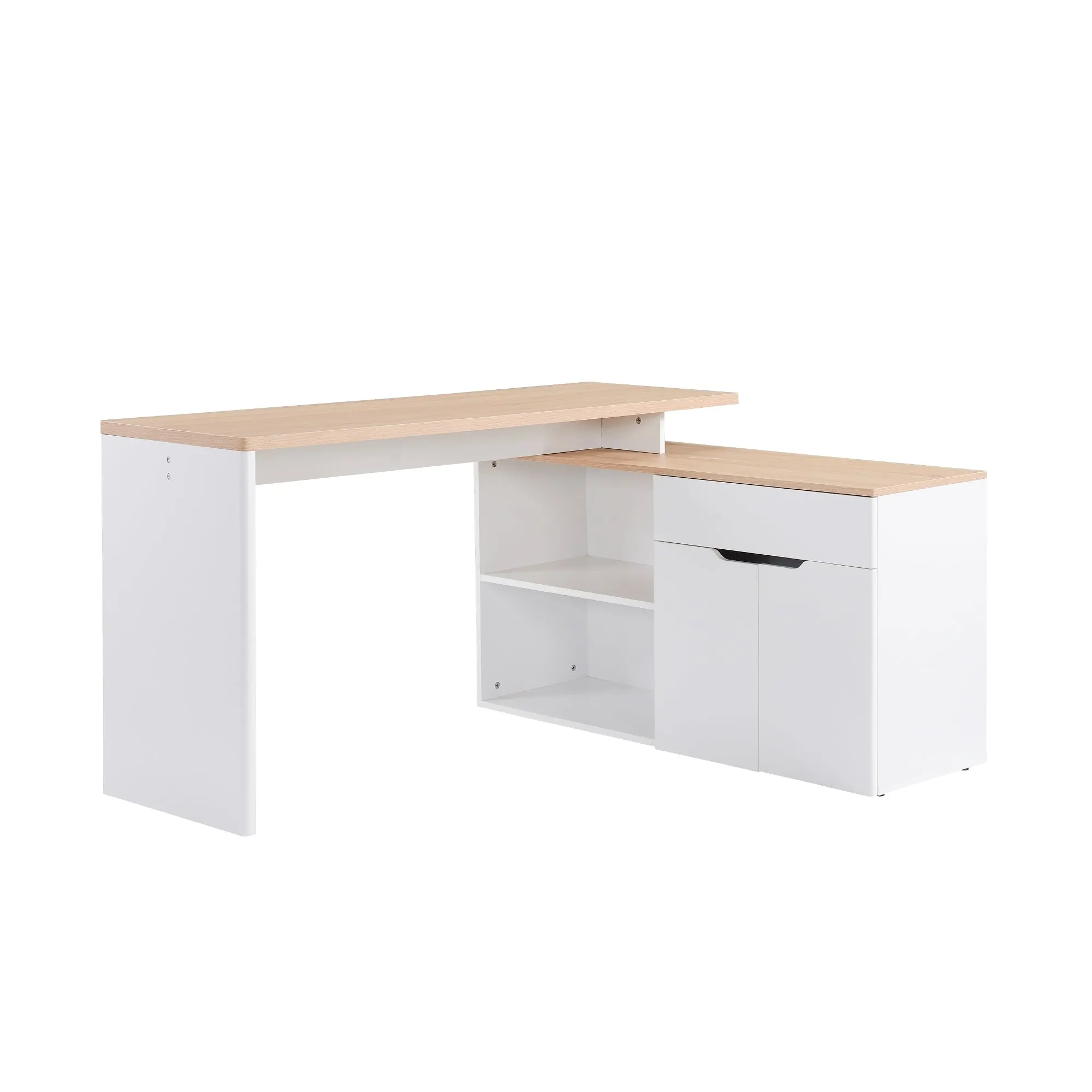 White Light Wood Computer Desk with Modular Multi-Storage Double Niche + Drawer and Cabinet