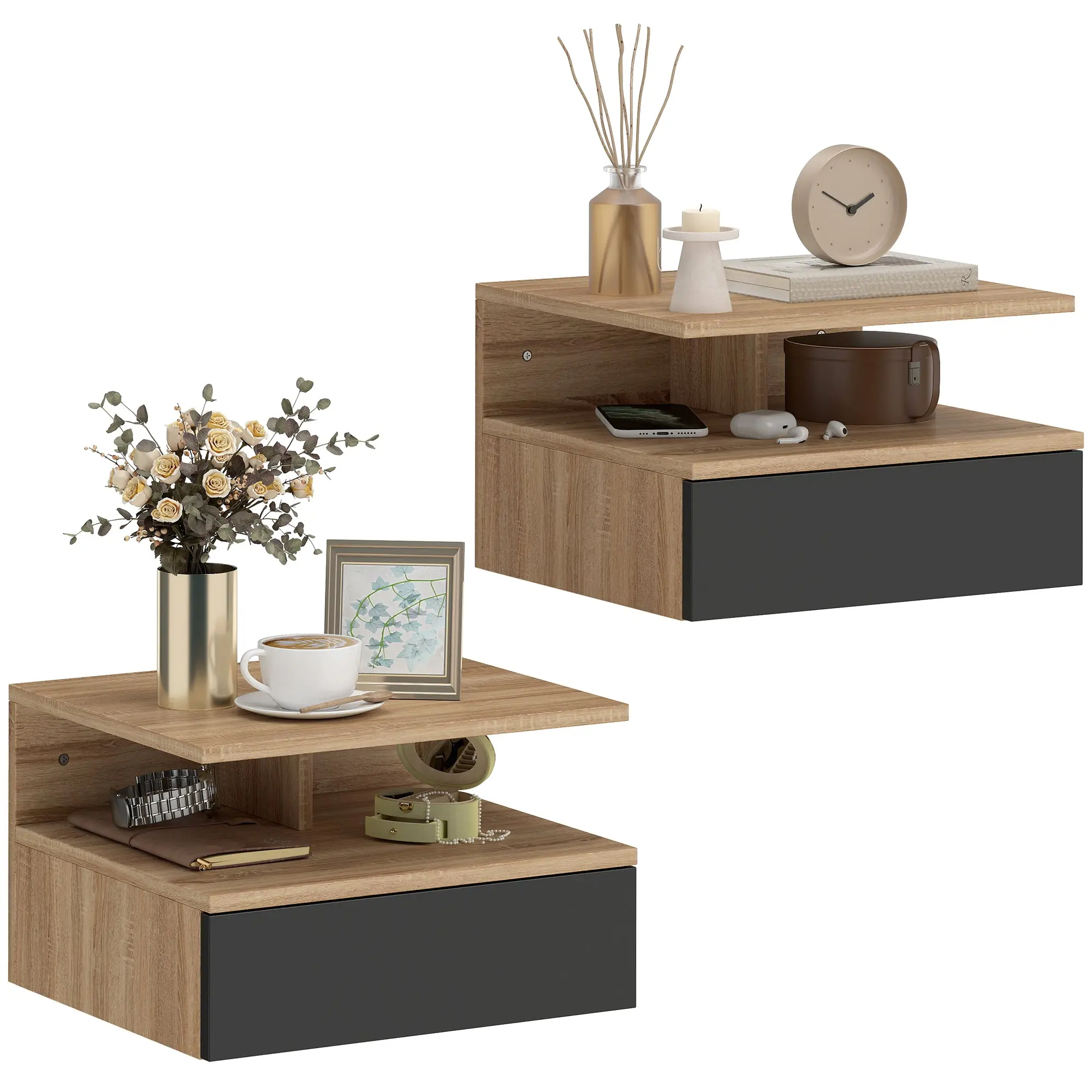 Set of 2 Wall-Mounted Floating Nightstands with Sliding Drawer & Open Shelf, 35 x 32 x 22.5 cm (13.8 x 12.6 x 8.9 in) — Black & Oak
