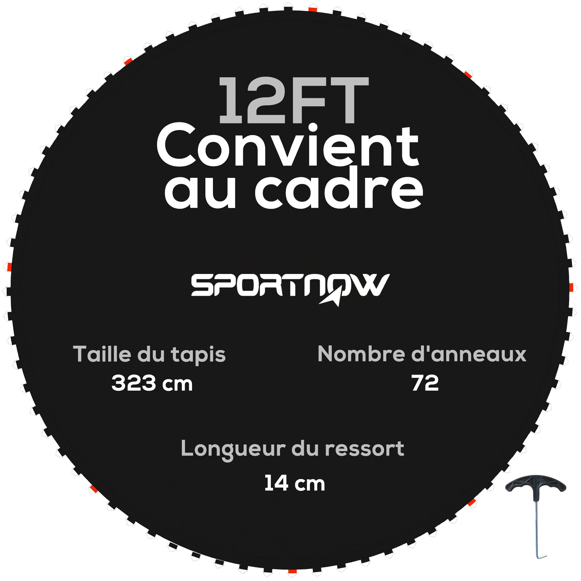 SPORTNOW Ersatztrampolinmatte, passend für 3,66 m Trampolin Ø 3,7 m und 14 cm Sprünge, mit Werkzeug zum Ziehen der Federn und 72 V-Ringen (Federn nicht enthalten)