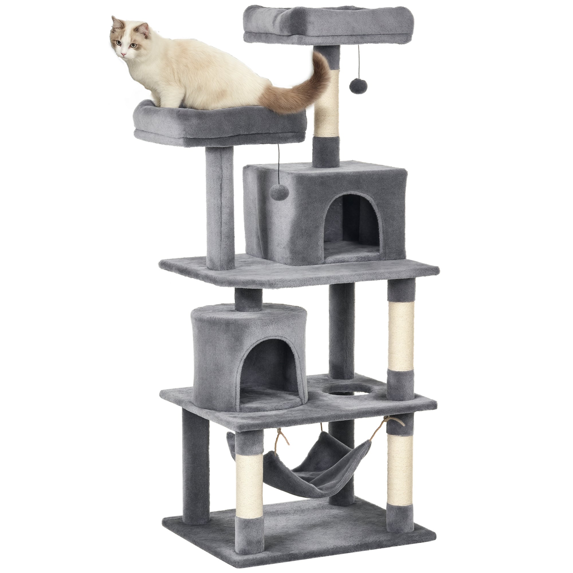 PawHut Grouss Katzen Kratzbaum 145 cm, Katzenbaum mat Hammock, Kläfferbaum fir Katzen, Katzen Kratzbaum Haff Katzenmuebelen mat Sisal Stäbchen, Liicht Giel