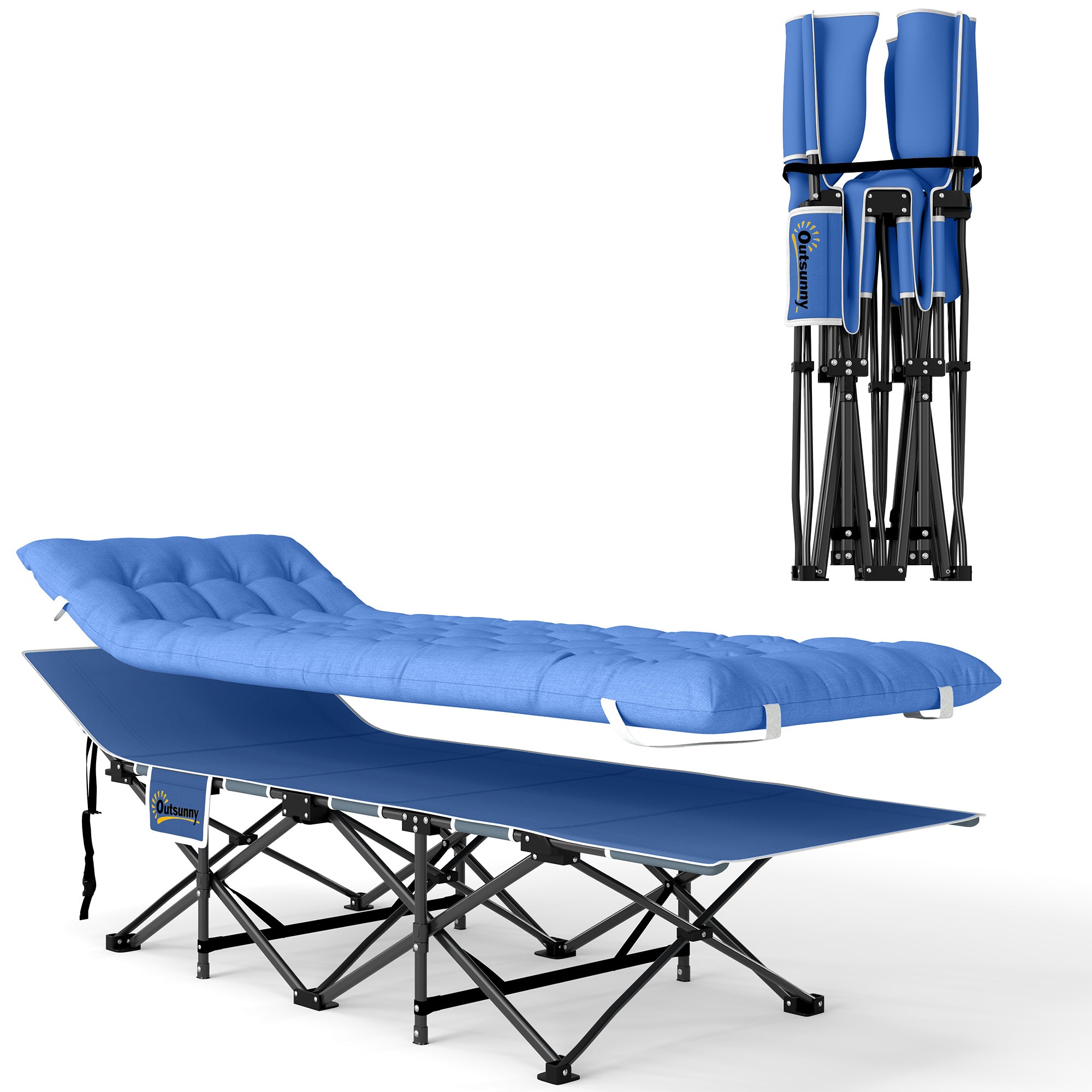 Folding Camp Bed with Mattress, Pillow, Side Pocket 190 x 65 x 37 cm Camping Cot for Adults Guest Bed up to 150 kg Folding Bed for Outdoor, Garden Camping Travel Blue