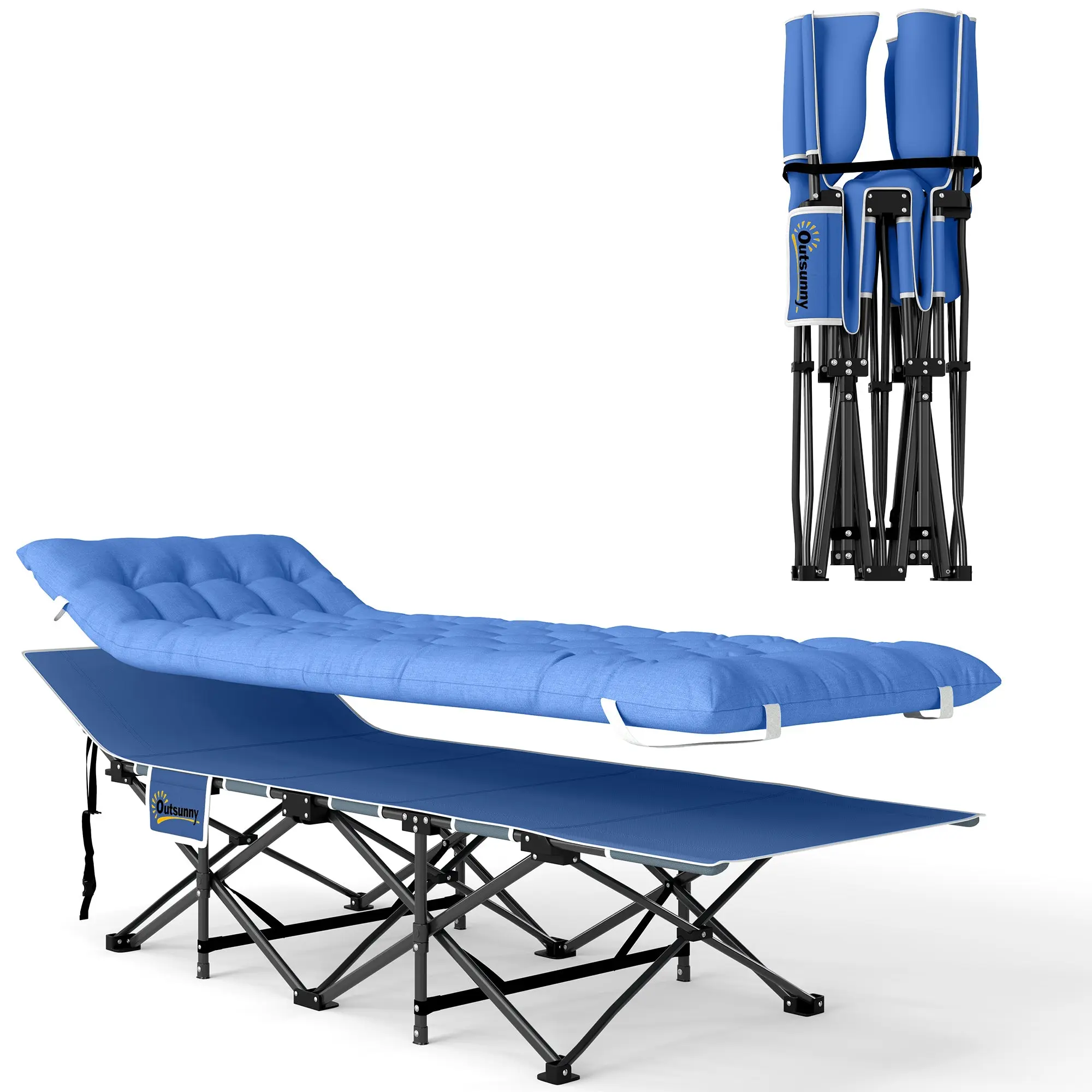 Folding Camp Bed with Mattress, Pillow, Side Pocket 190 x 65 x 37 cm Camping Cot for Adults Guest Bed up to 150 kg Folding Bed for Outdoor, Garden Camping Travel Blue