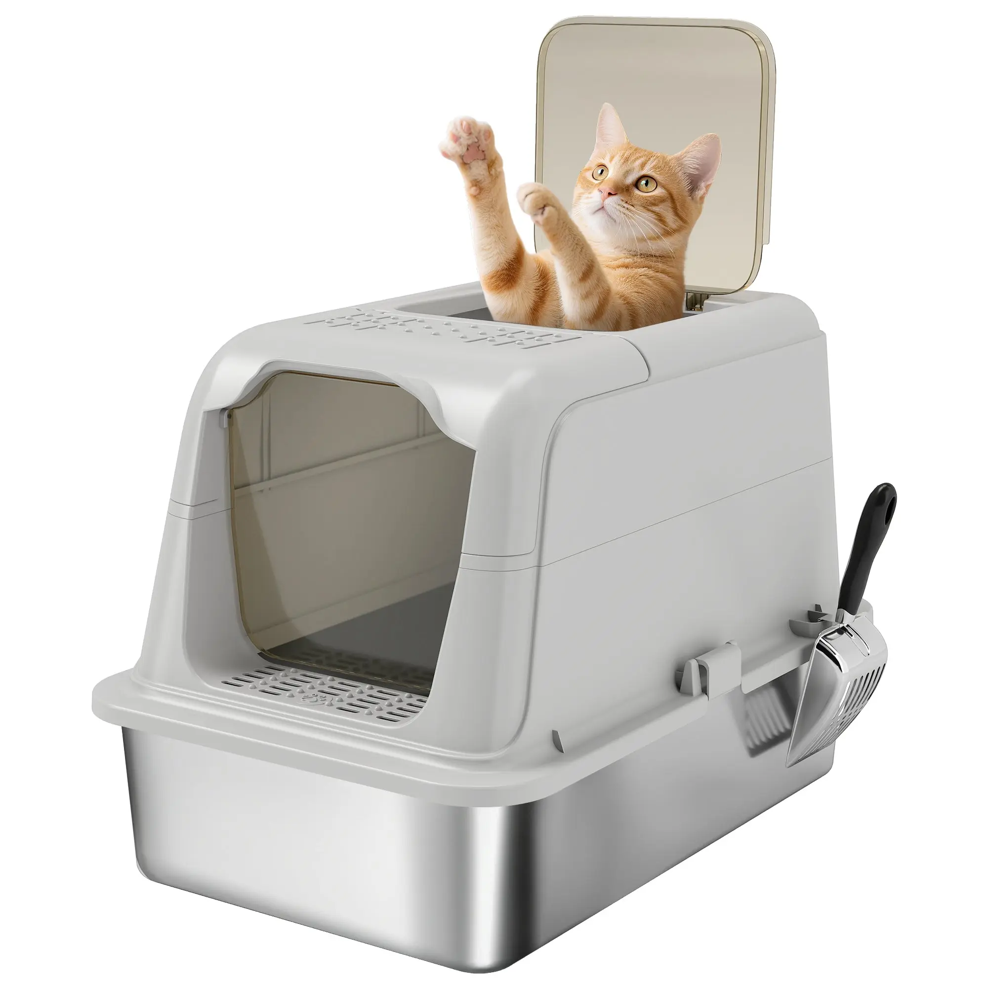 Covered Cat Litter Box with Stainless Steel Tray — Anti-Tracking, Leak-Resistant, Easy-Clean; For Large Cats up to 8 kg (17.6 lb), 60.4 x 40.4 x 41.8 cm (23.8 x 15.9 x 16.5 in), Light Gray & Black
