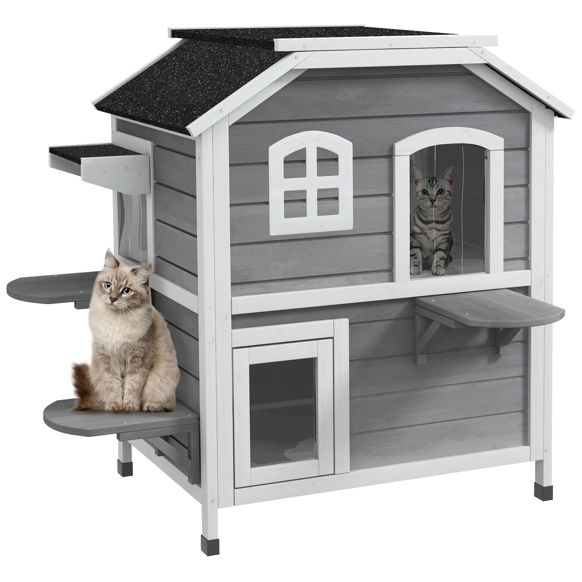 Maison en Bois pour Chat PawHut à 2 É étages, Abri pour Chat Résistant à l'Hiver et Imperméable avec Toit en Bitume, Couvercle Pliable, Escalier, Abri Extérieur pour Jardin ou Balcon 78 x 55,5 x 91 cm