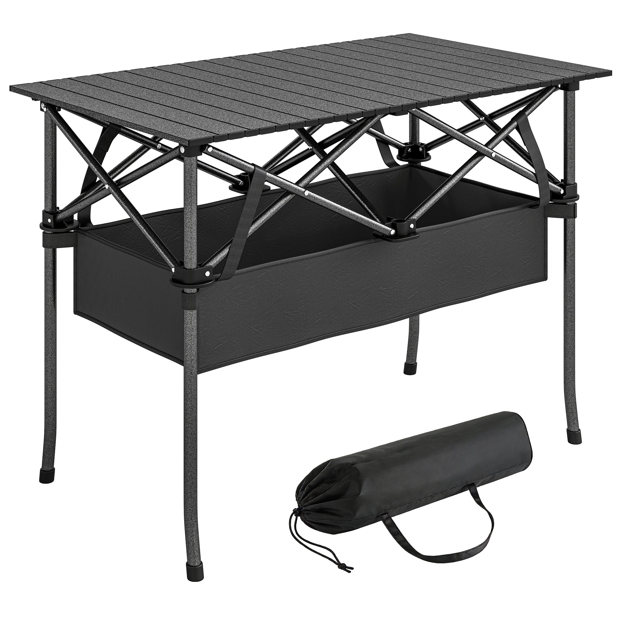 Outsunny Klapp-Campingtisch, 93 x 55 x 68 cm, tragbare Roll-Aluminiumplatte mit Ablagenetz, Metallgestell, Tragetasche, Schwarz