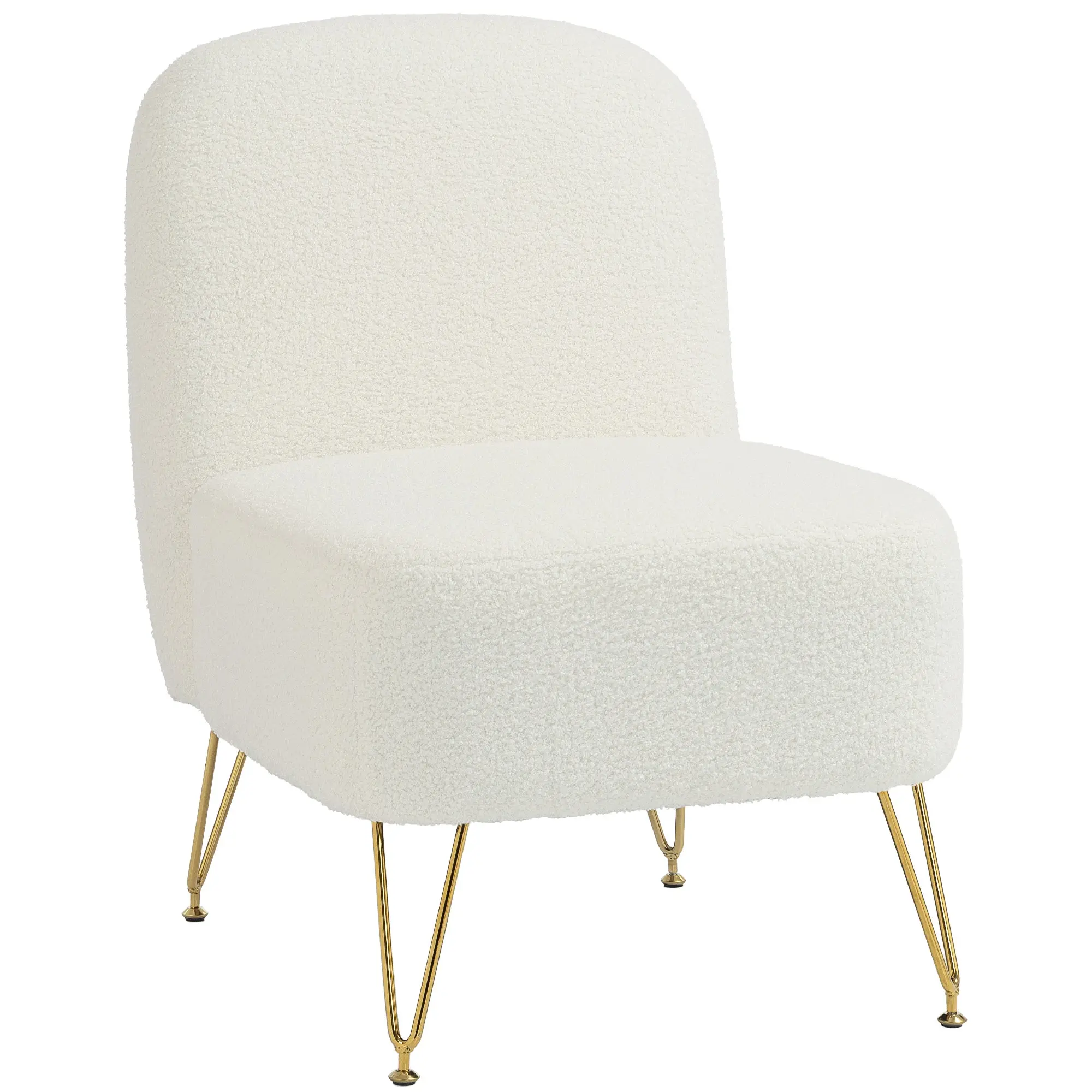 Armless Living Chair, Bouclé Upholstered Padded Accent Chair with Thick Cushion, Wide Seat, Gold Metal Legs, Modern Lounge Chair for Living Room/Bedroom/Reading Nooks, White