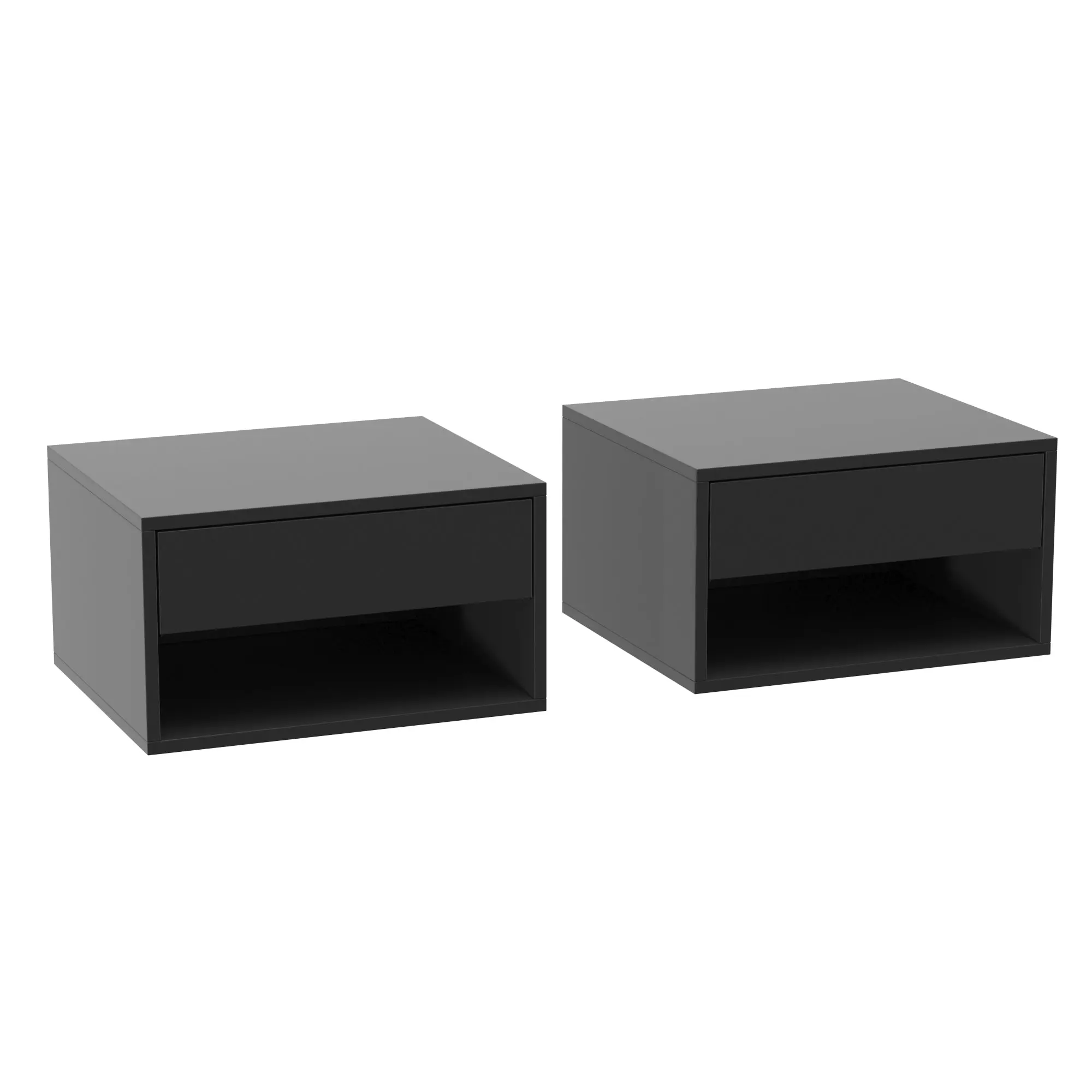 Set of 2 Wall-Mounted Floating Nightstands with Drawer & Open Shelf, Modern Black (14.6 x 12.6 x 8.3 in)