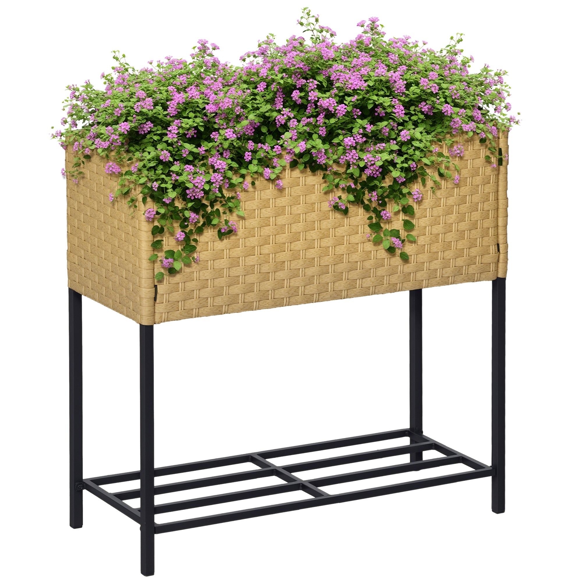 Outsunny Poly Rattan Hochbeet mit Beinen - Rattan Blumenbox Pflanzgefäß mit Regal - Sand 70 x 30 x 72 cm