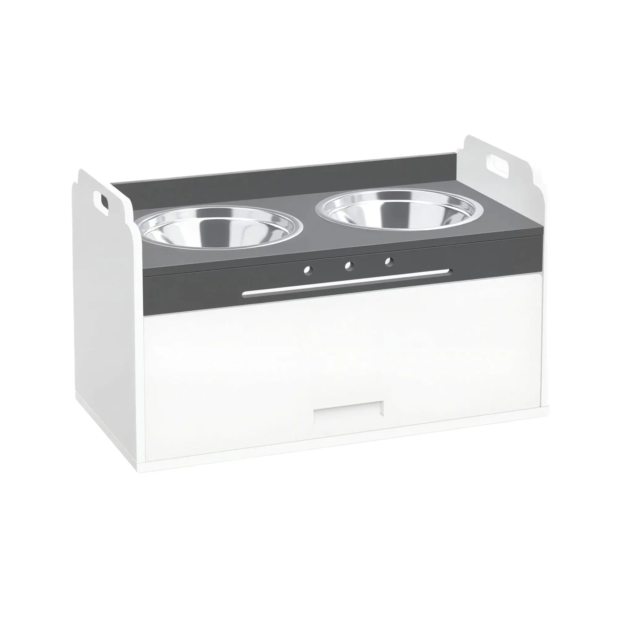 Elevated Dog Feeder with Storage Cabinet, 2 Stainless Steel Bowls (Includes Slow-Feed), Anti-Slip Station for Large Dogs, White