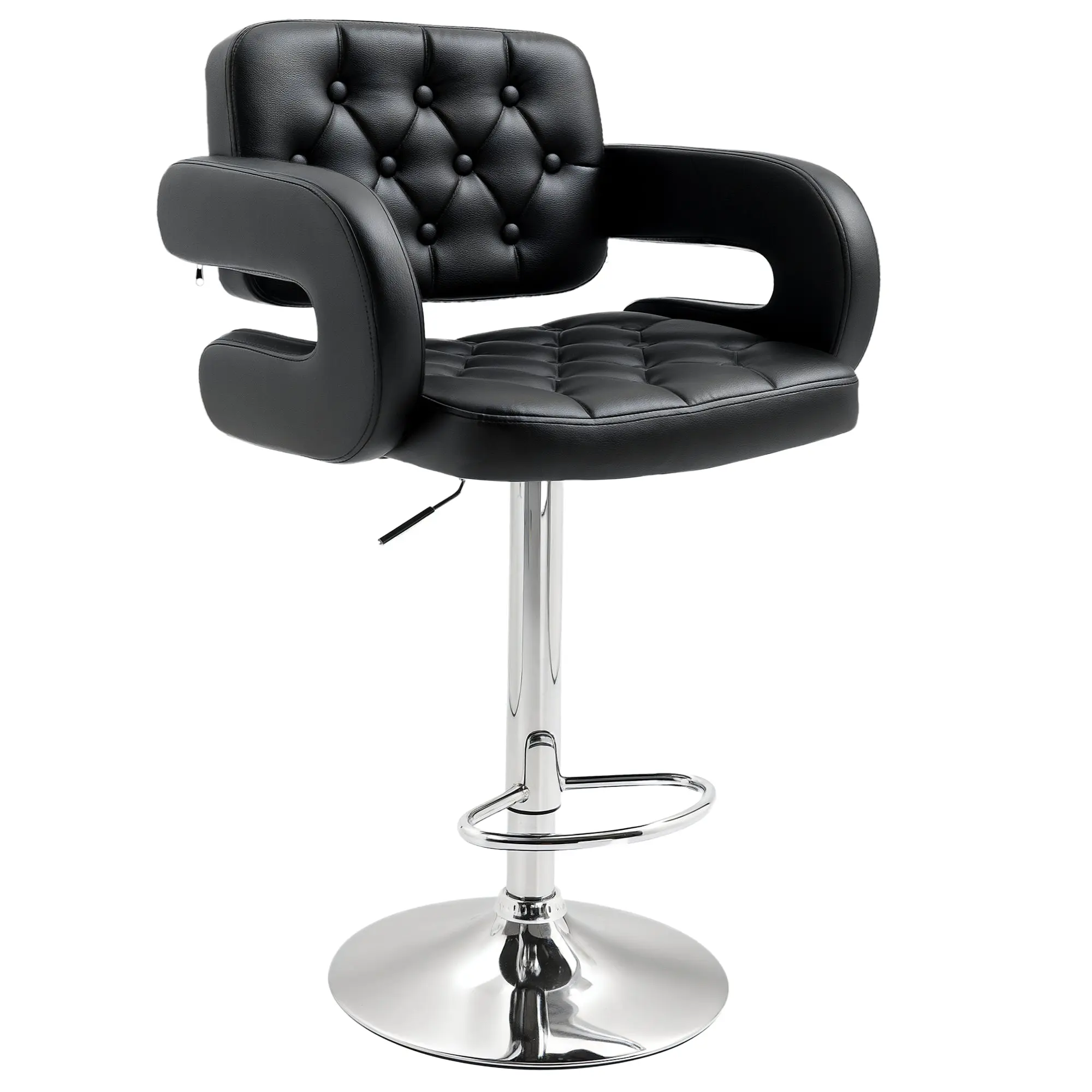 High Bar Stool with Backrest and Armrests, Modern Swivel Kitchen Stool with Adjustable Height and Footrest, in Faux Leather, 61x50x94-114cm, Black
