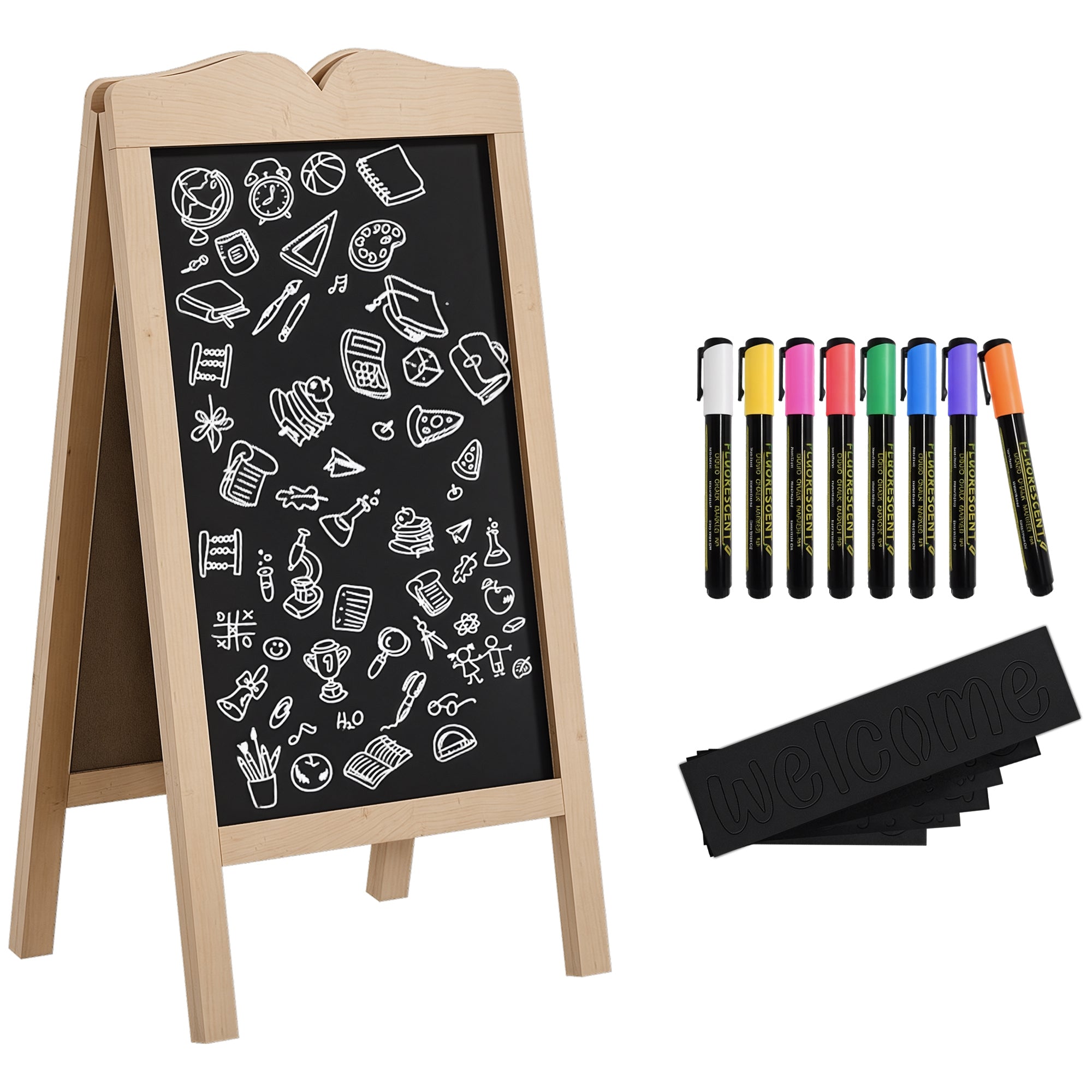 Vinsetto Kreidetafel Staffelei mit Holzrahmen, doppelseitige magnetische faltbare Kreidetafel mit 8 Flüssigkreiden und 6 doppelseitigen Tafeln 51x42x101 cm Natur